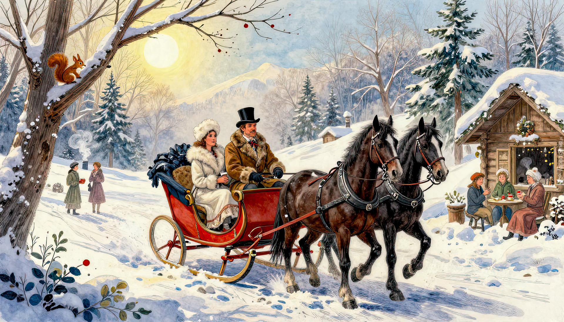 Zima, Sanie, Konie, Ludzie