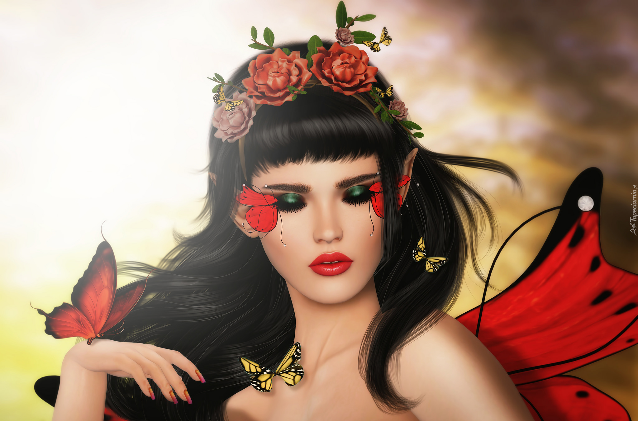 Fantasy, Kobieta, Kwiaty, Motylki