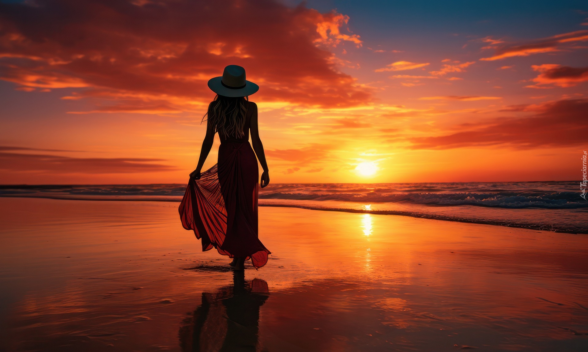 Kobieta, Morze, Zachód słońca, Plaża