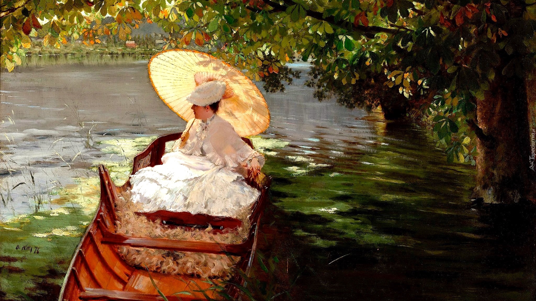 Malarstwo, Giuseppe de Nittis, Kobieta, Parasol, Jezioro, Drzewo, Łódka