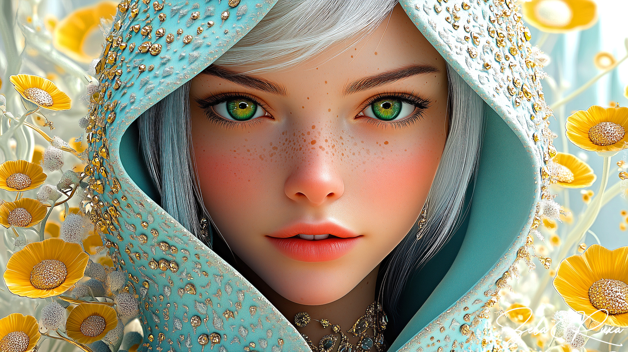 Kobieta, Blondynka, Kaptur, Kwiaty, Biżuteria, Grafika