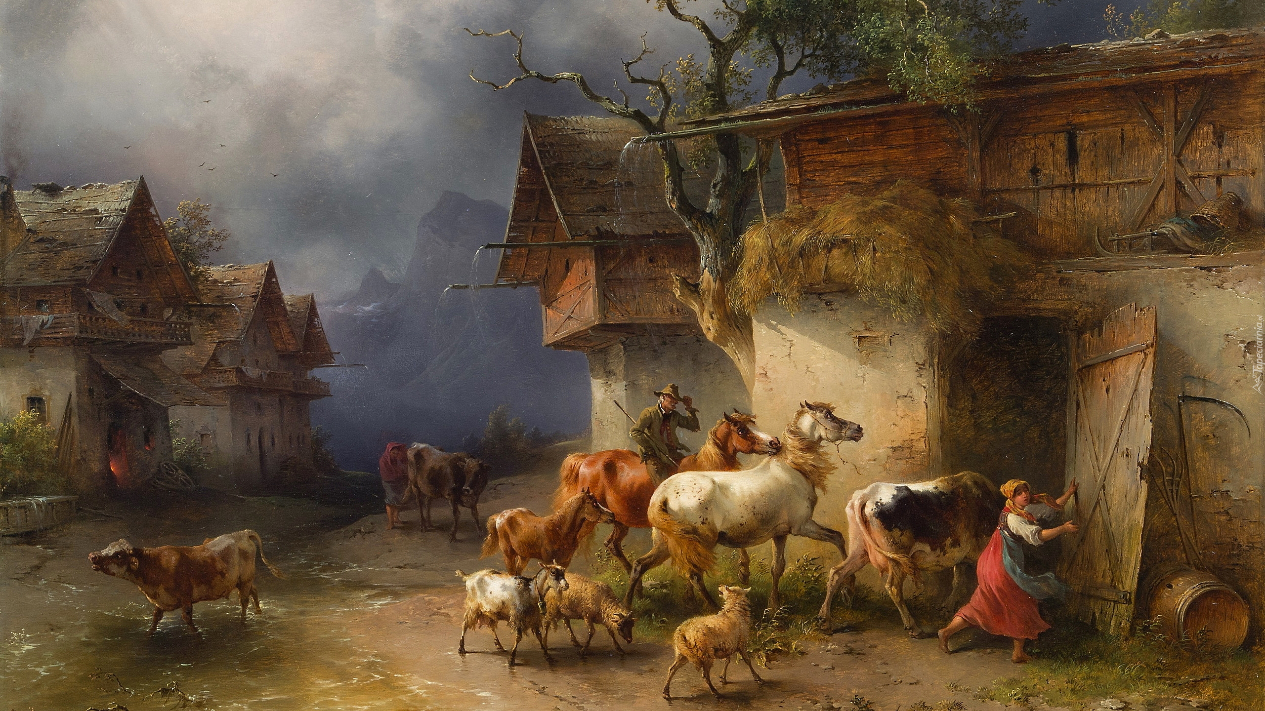 Malarstwo, Obraz, Friedrich Gauermann, Domy, Obora, Krowy, Konie, Kobieta, Zwierzęta