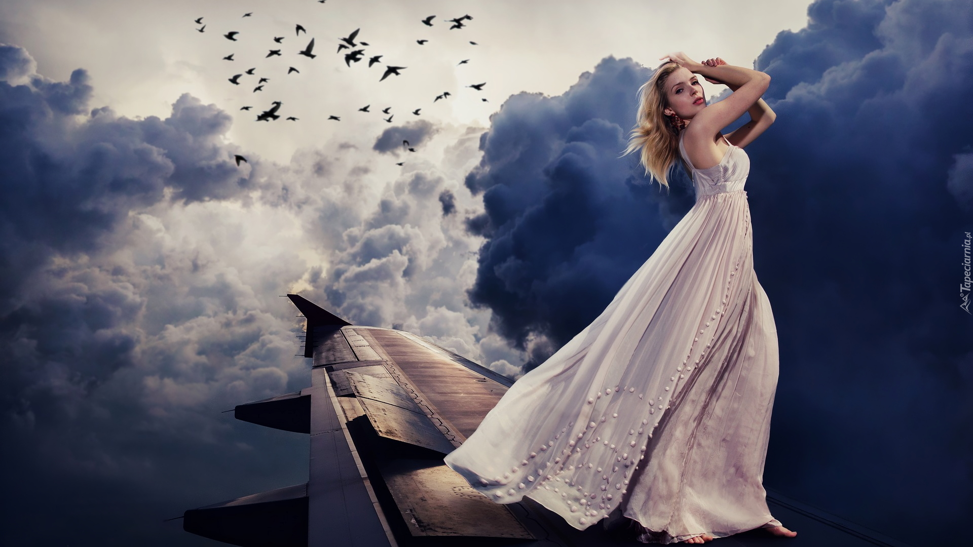 Kobieta, Biała, Suknia, Ptaki, Ciemne, Chmury, Skrzydło, Samolotu