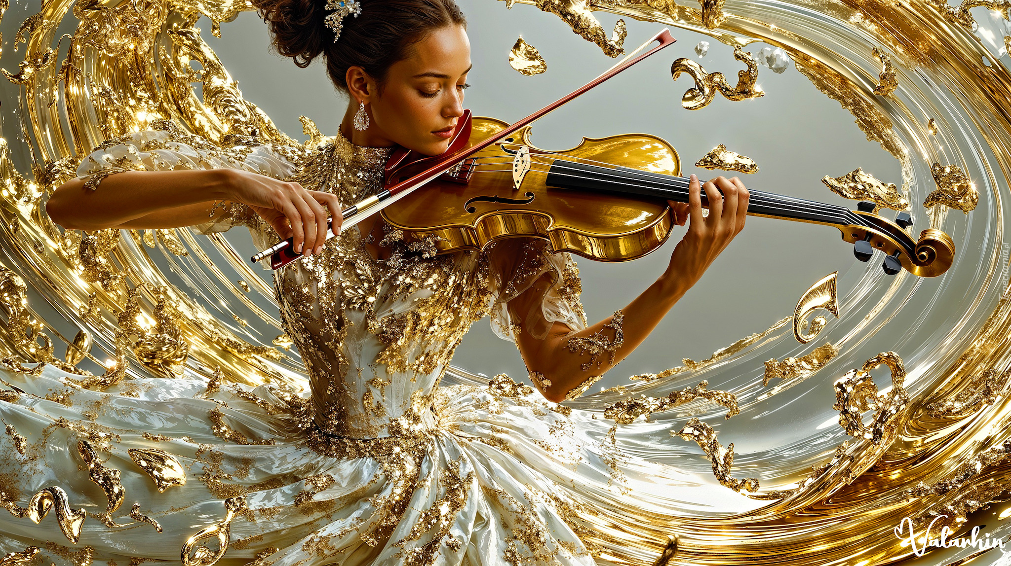 Kobieta, Biało-złota, Suknia, Skrzypce, Grafika AI