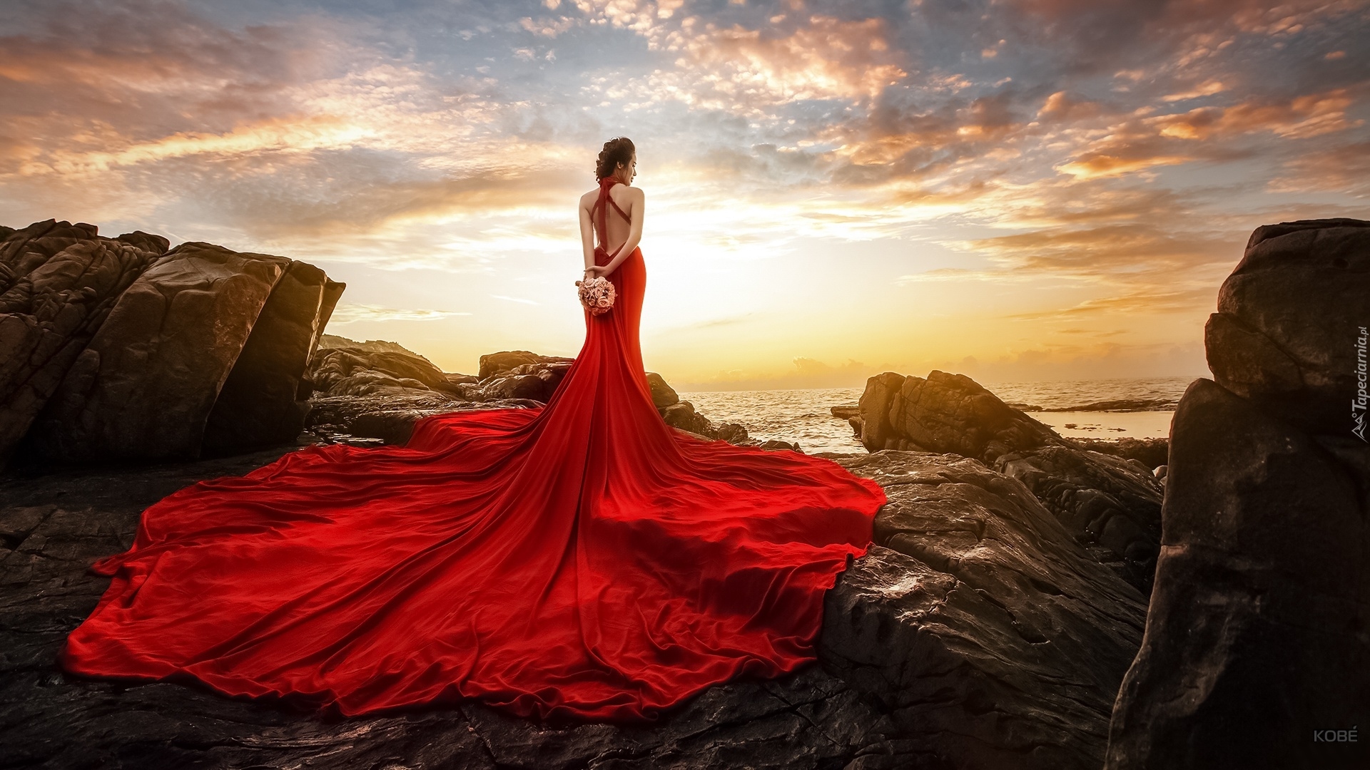 Kobieta, Czerwona, Sukienka, Zachód słońca, Skały, Morze