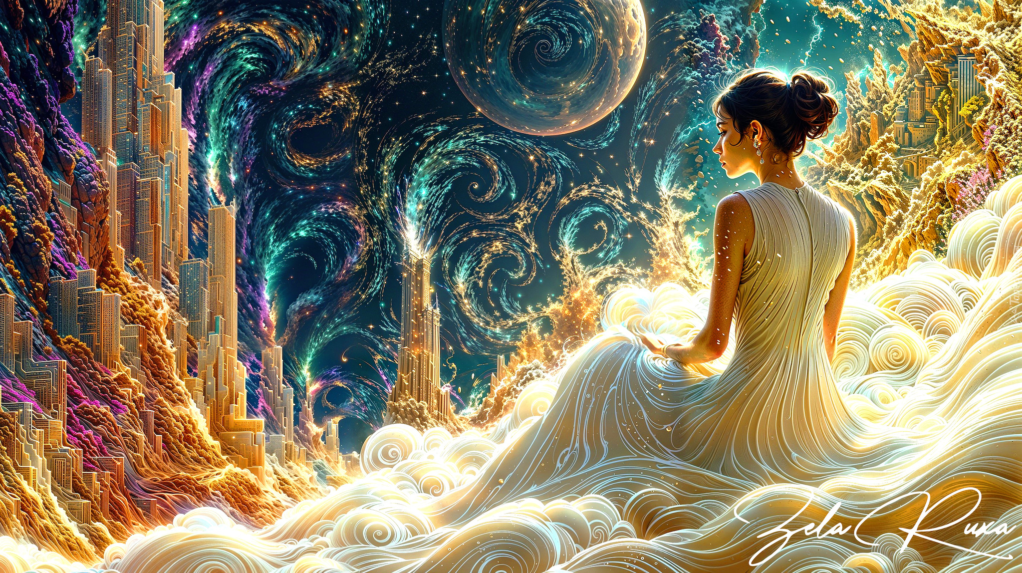 Kobieta, Suknia, Wieżowce, Fantasy