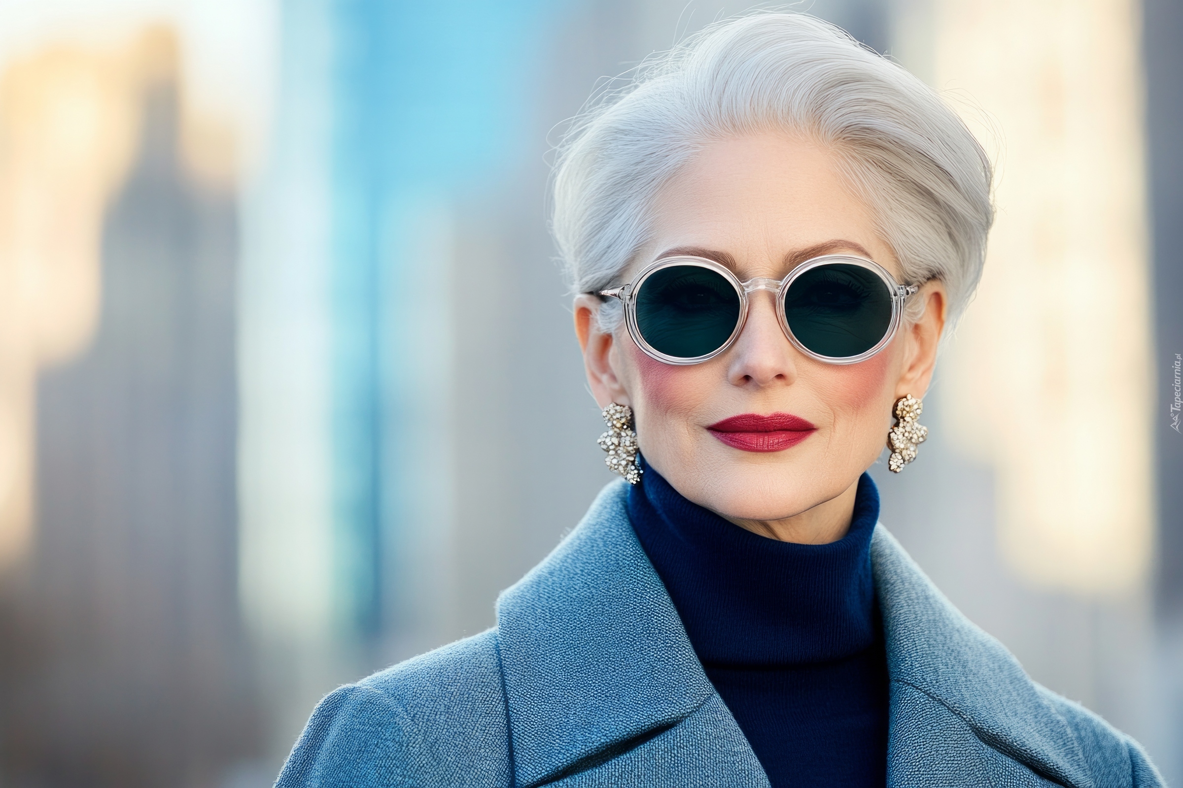 Kobieta, Makijaż, Siwe, Włosy, Kolczyki, Okulary