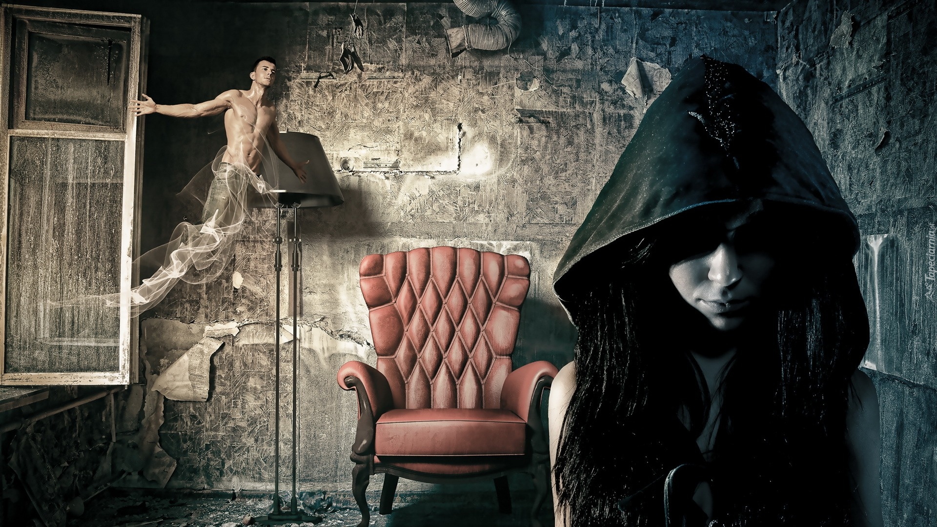Kobieta, Mężczyzna, Fotel, Zniszczone, Wnętrze, Lampa