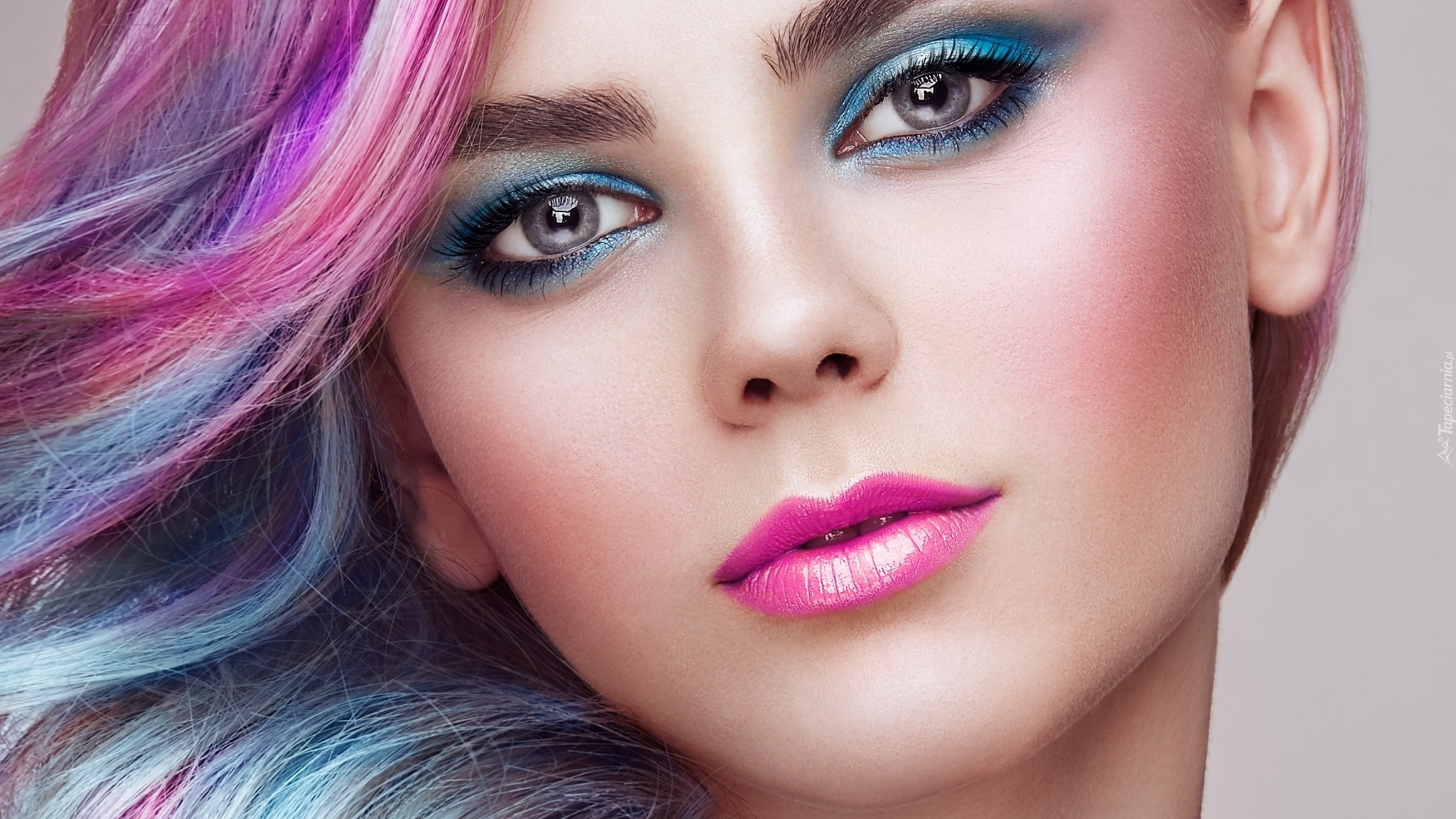 Kobieta, Kolorowe, Różowo-niebieskie, Włosy, Makijaż