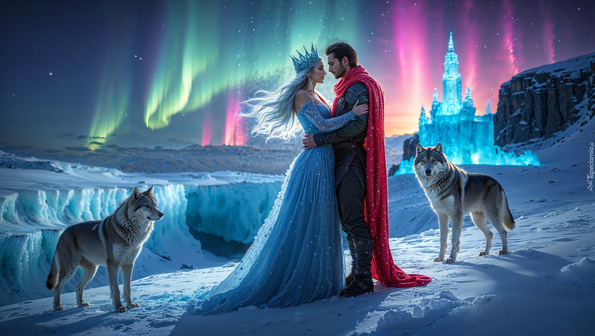 Kobieta, Korona, Mężczyzna, Wilki, Zorza polarna, Zima, Fantasy