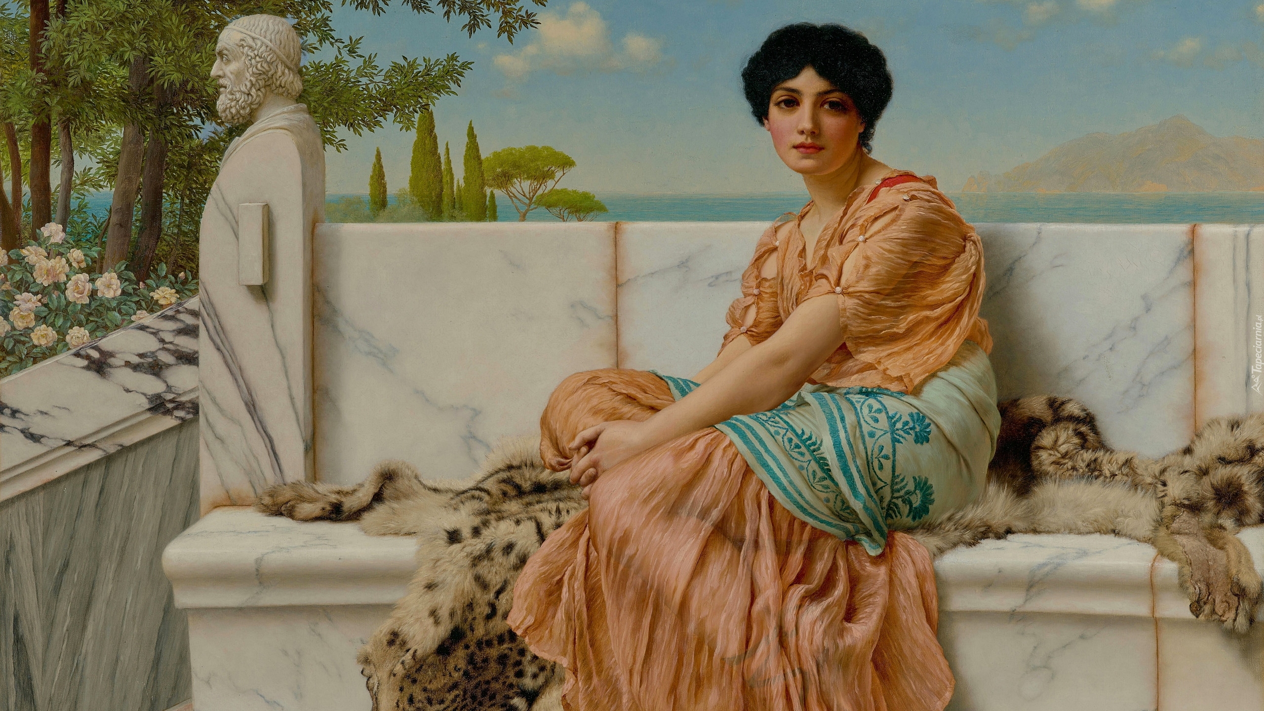 Malarstwo, Obraz, John William Godward, Kobieta, Ławka, Taras