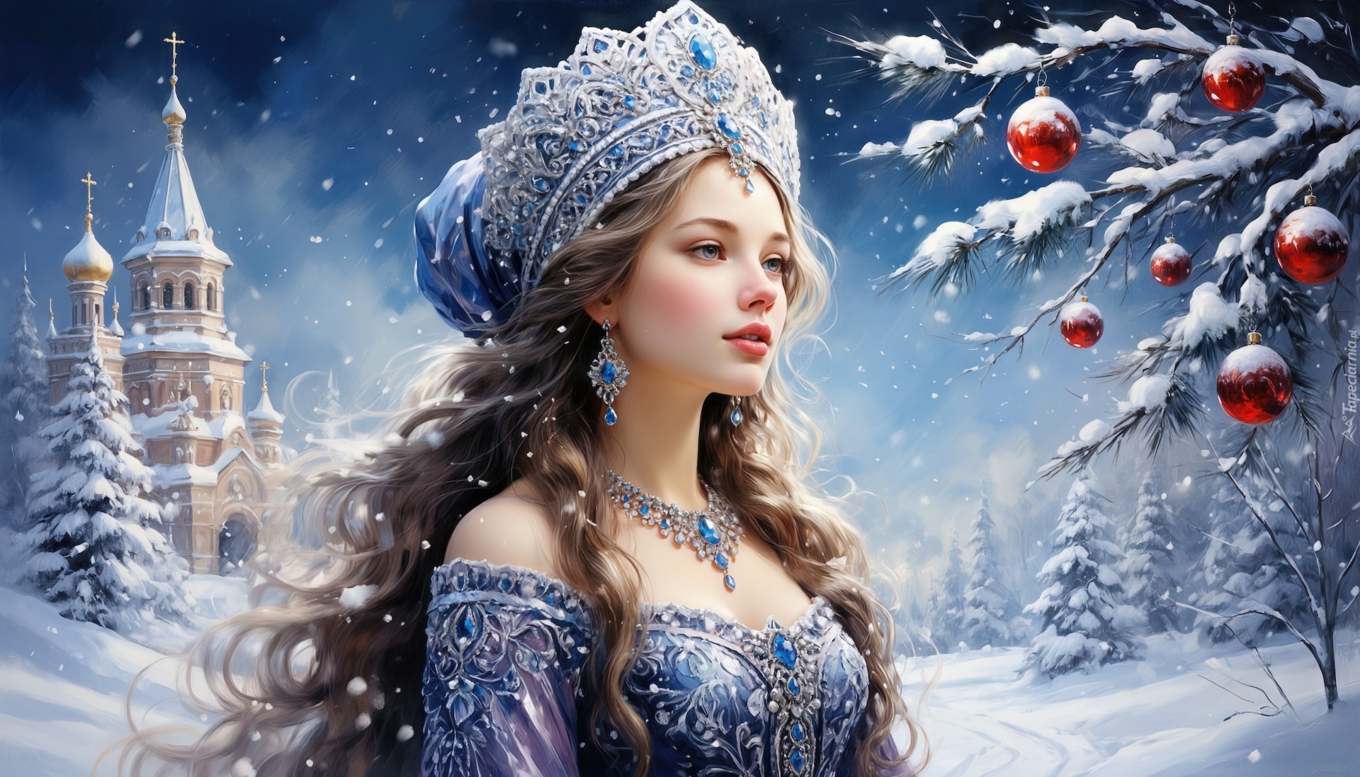 Kobieta, Biżuteria, Zima, Drzewa, Ośnieżone, Bombki, Zamek