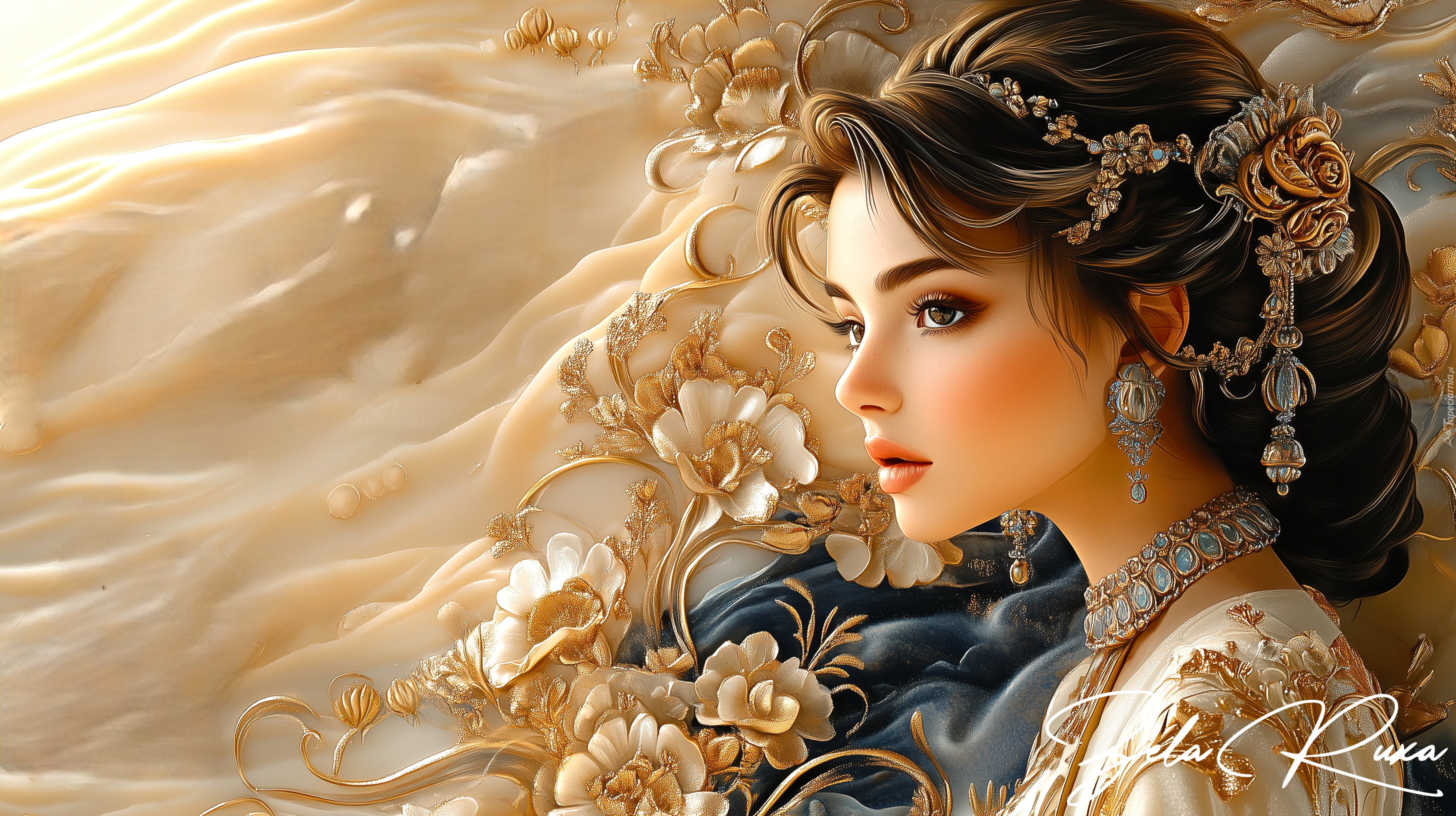 Grafika, Kobieta, Kwiaty, Biżuteria, Kolczyki