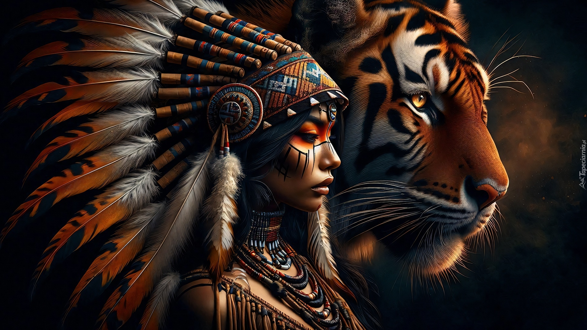 Dziewczyna, Pióropusz, Tygrys, Grafika AI