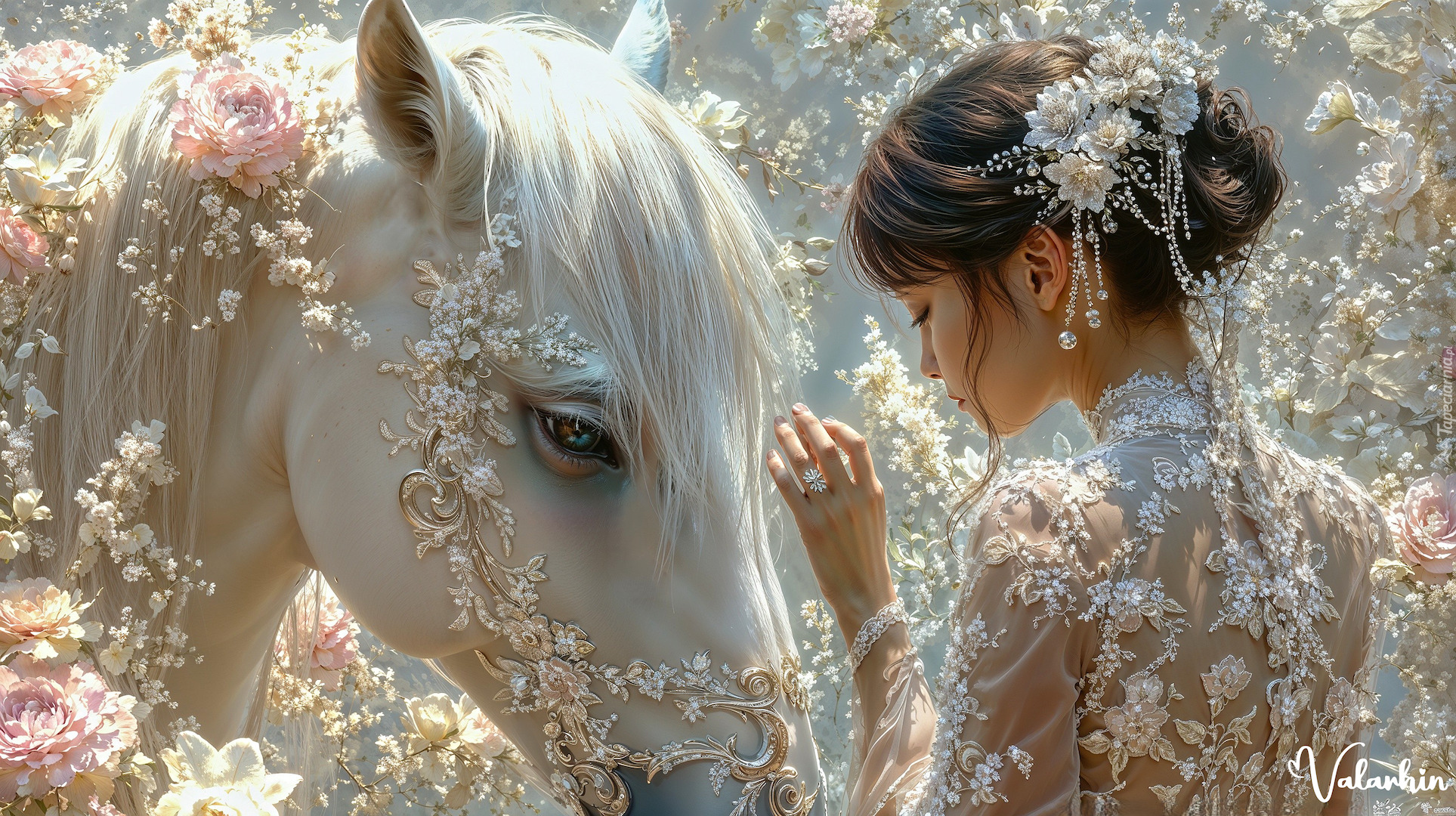 Kobieta, Biżuteria, Biały, Koń, Kwiaty, Grafika