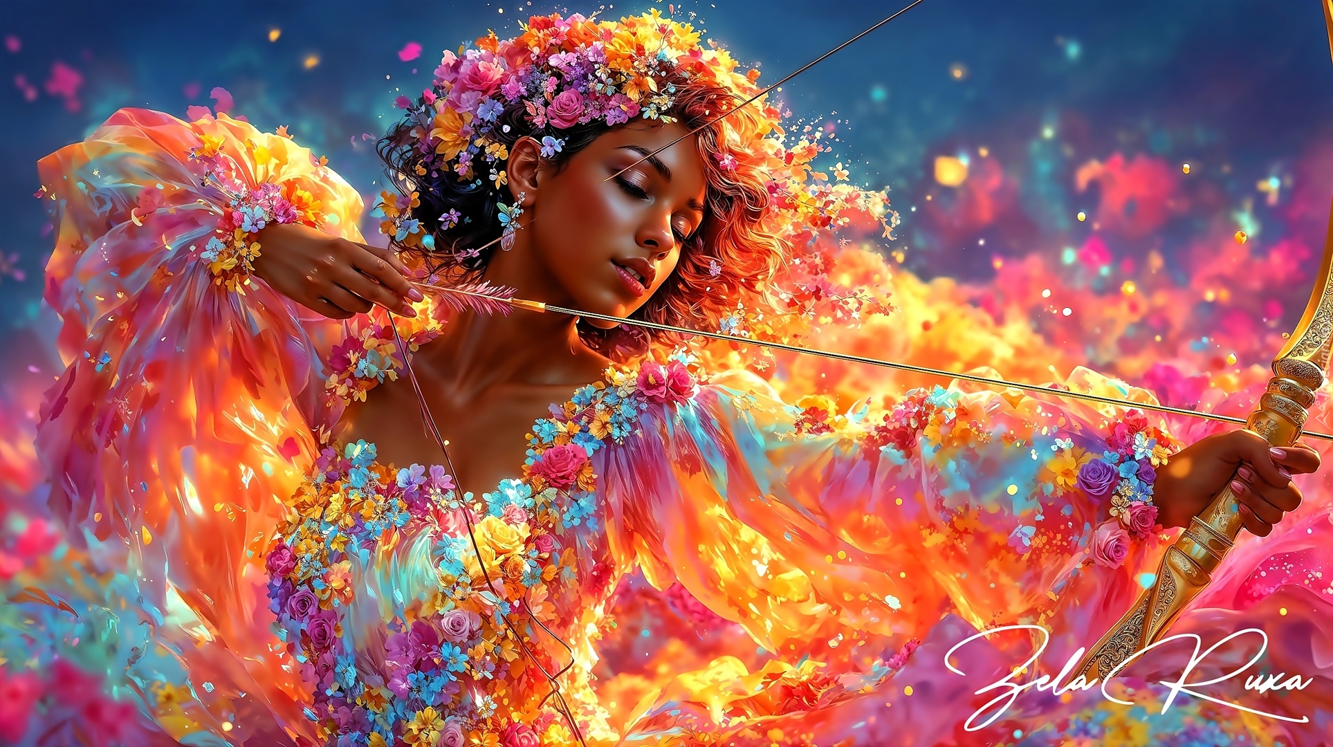 Kobieta, Suknia, Kwiaty, Łuk, Grafika AI