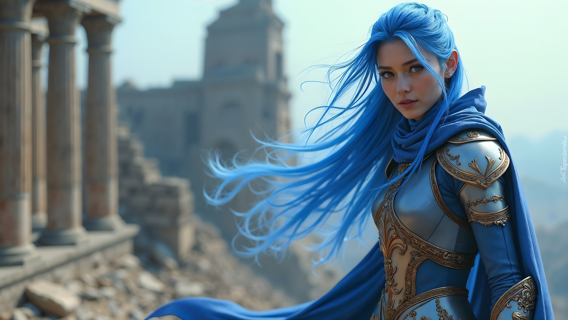 Kobieta, Zbroja, Niebieskie, Włosy