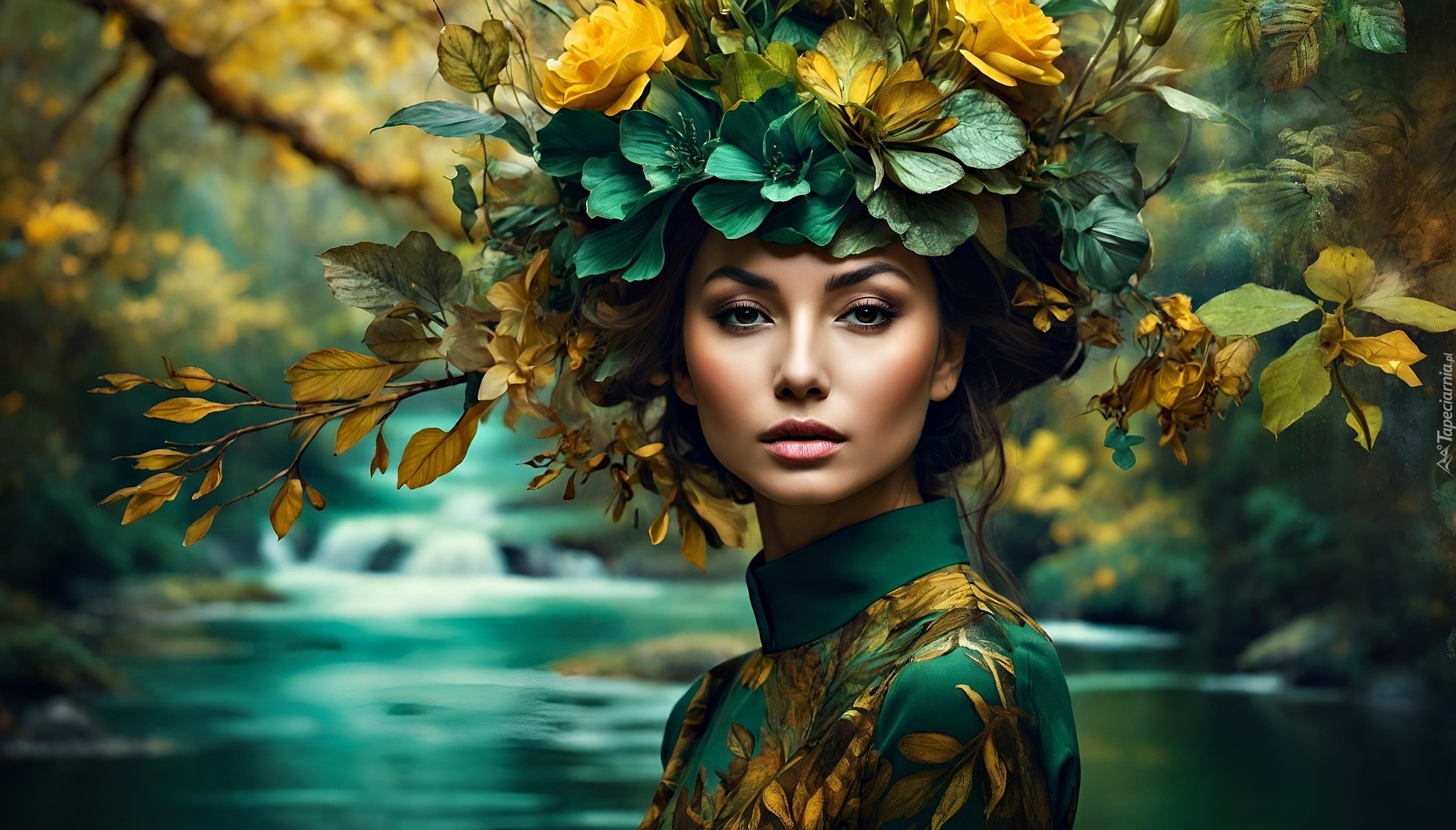 Kobieta, Zielona, Bluzka, Nakrycie, Głowy, Liście, Kwiaty