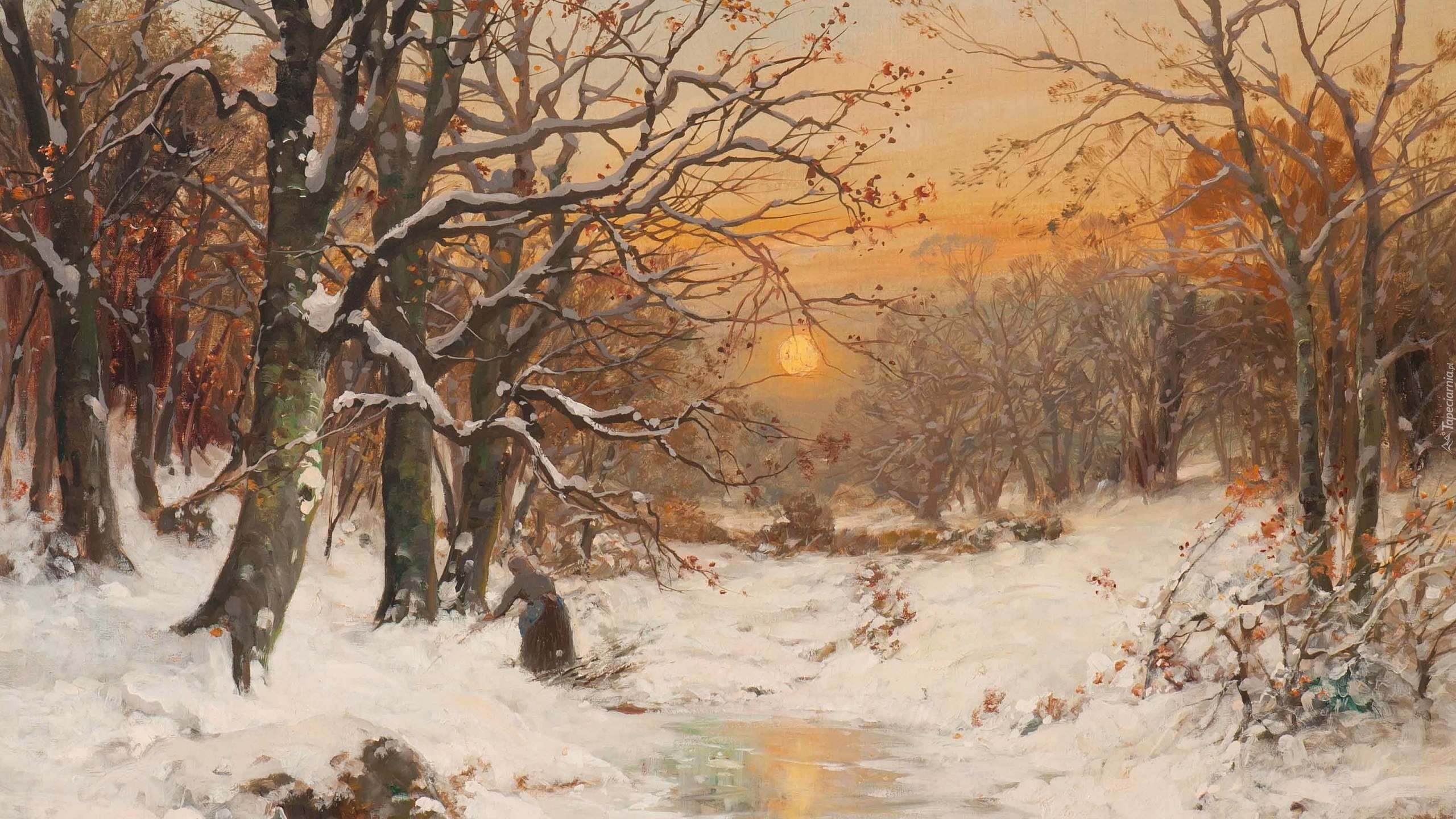 Zima, Las, Drzewa, Zmierzch, Kobieta, Malarstwo, Alois Arnegger