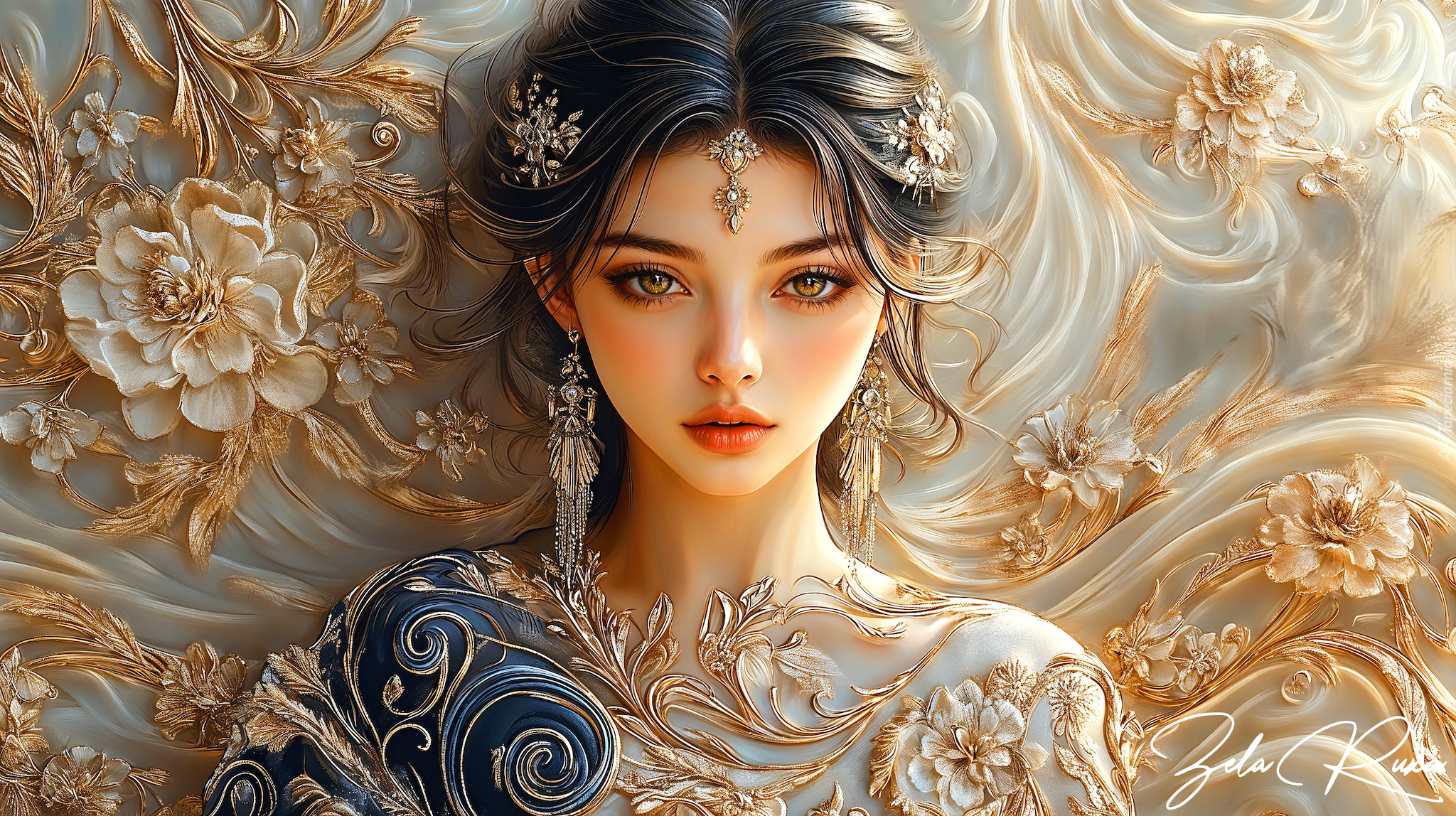 Grafika, Kobieta, Makijaż, Biżuteria, Kwiaty, Ornament