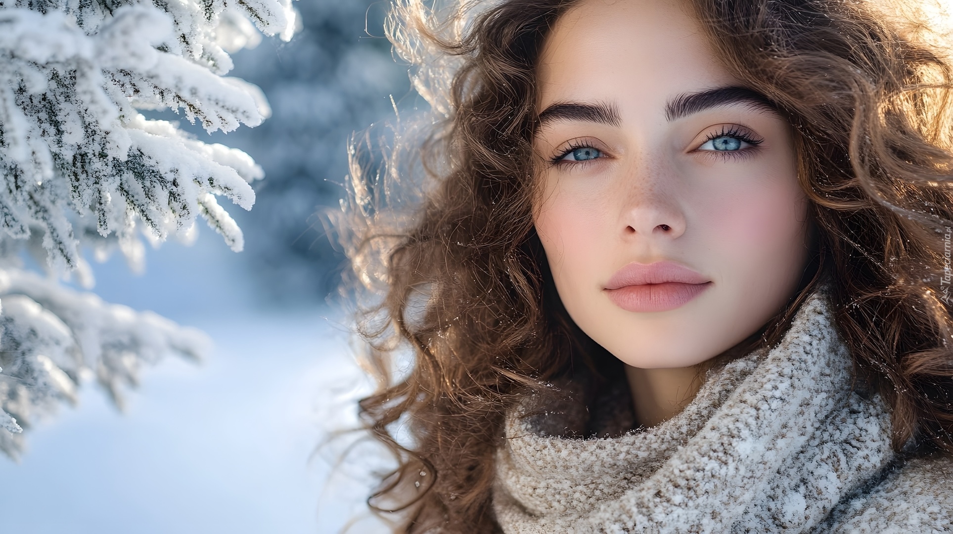 Kobieta, Szatynka, Szalik, Zima, Gałęzie