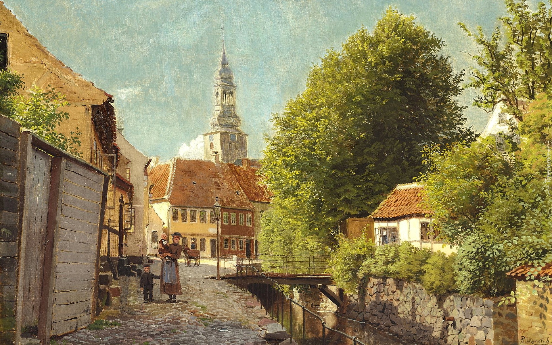 Malarstwo, Obraz, Peder Mork Monsted, Kobieta, Dzieci, Rzeczka, Mostek, Droga, Kościół