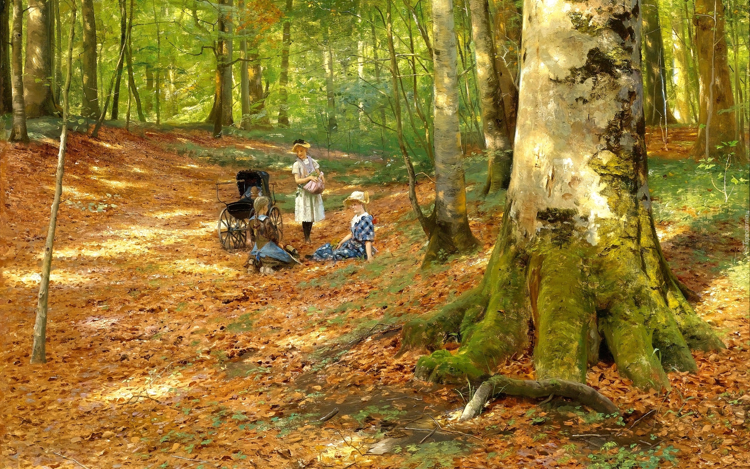 Malarstwo, Obraz, Peder Mork Monsted, Las, Drzewa, Liście, Kobieta, Dzieci, Wózek