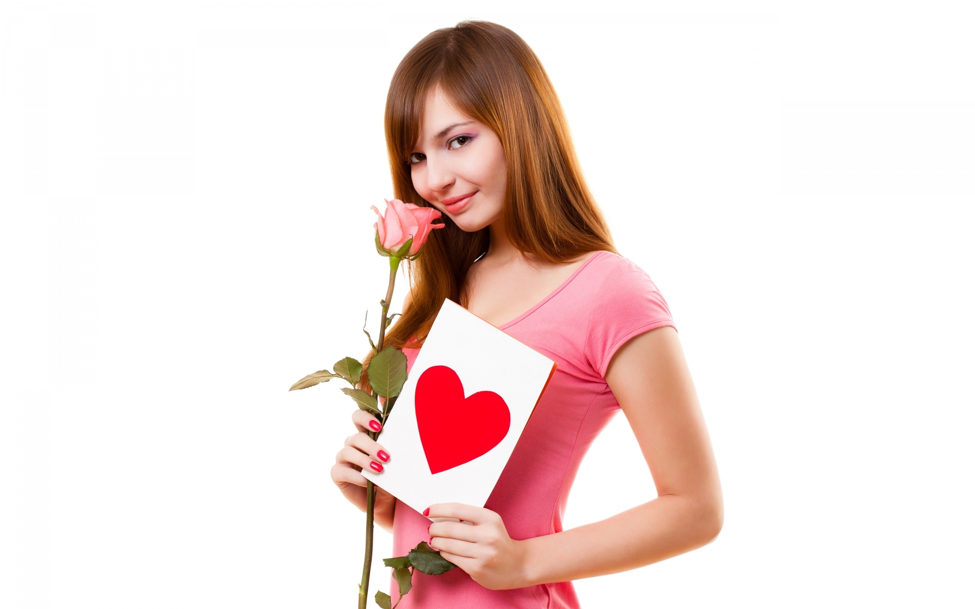 Kobieta, Róża, Kartka, Serce, Miłość