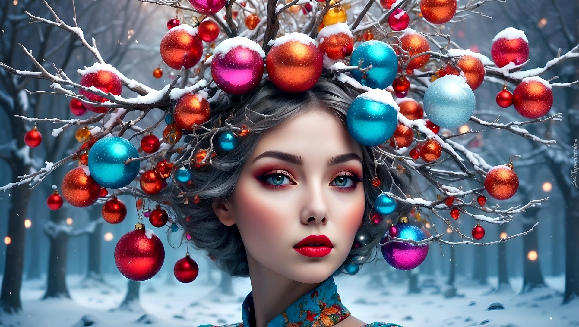 Kobieta, Twarz, Gałązki, Bombki