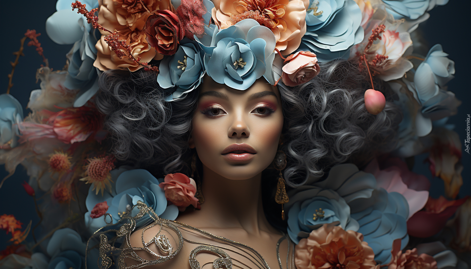 Kobieta z kolorowymi kwiatami we włosach w 2D