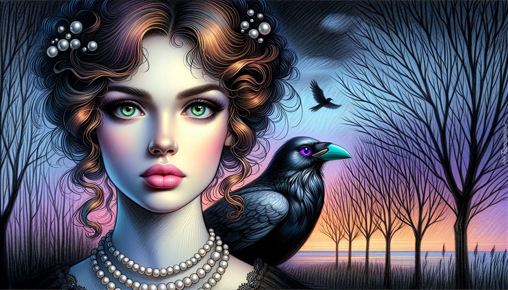 Kobieta, Naszyjnik, Perły, Kruk, Drzewa