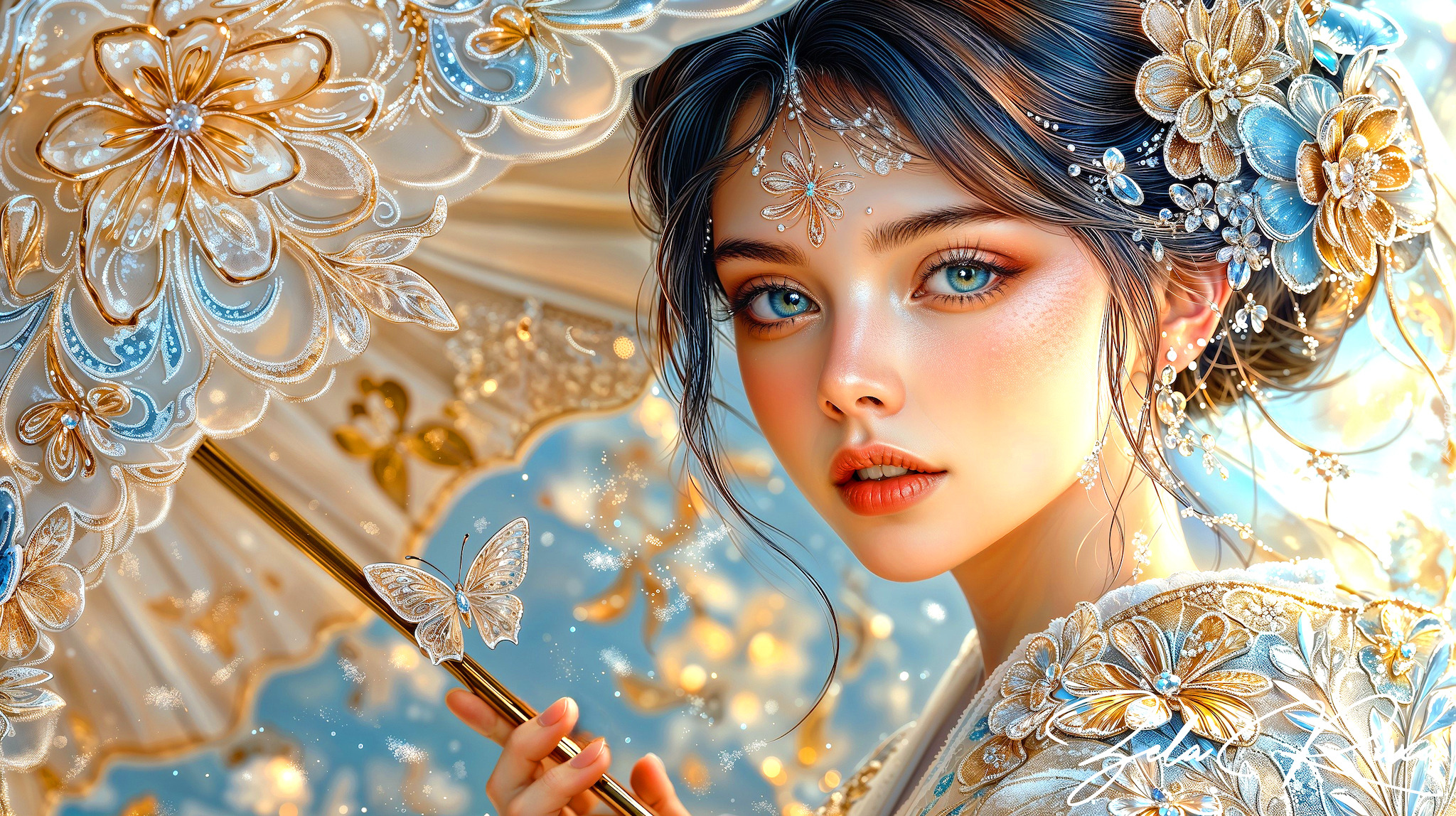 Kobieta, Parasolka, Kwiaty, Motyle, Grafika