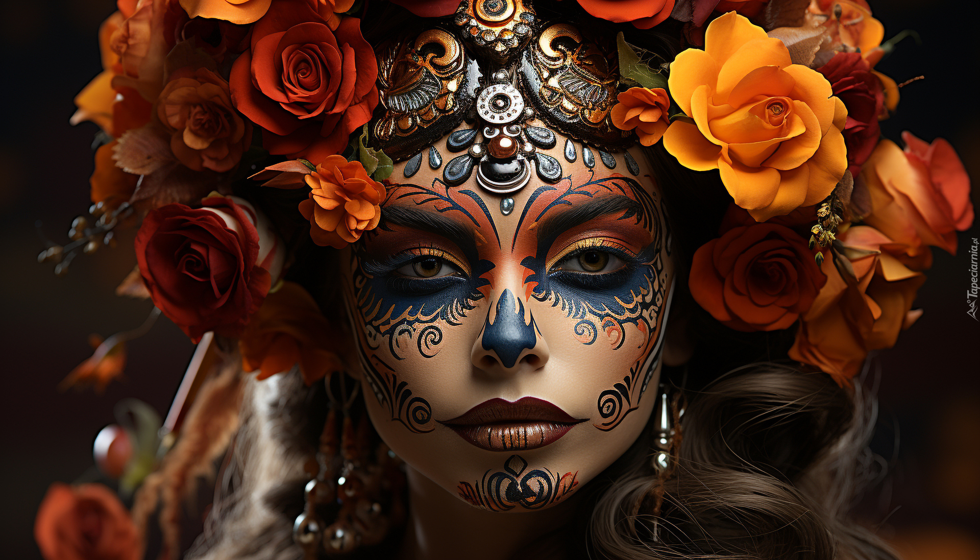 Kobieta, Twarz, Kwiaty, Bodypainting, AI