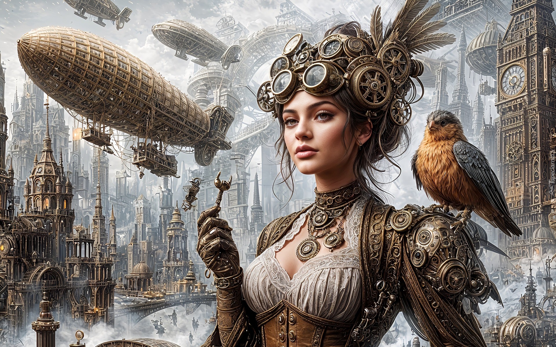 Fantasy, Steampunk, Kobieta, Wieżowce, Ptak