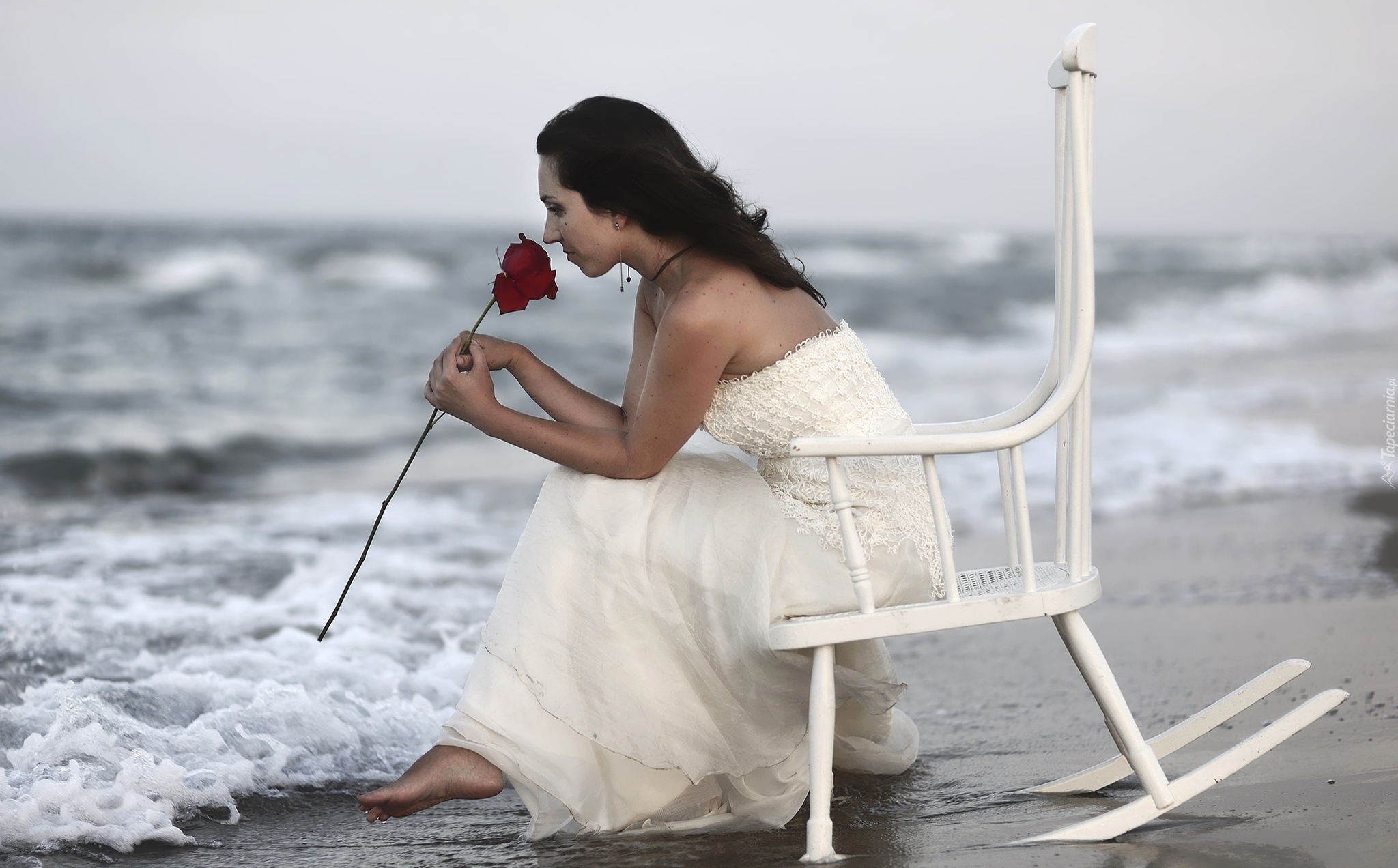 Kobieta, Róża, Krzesło, Morze