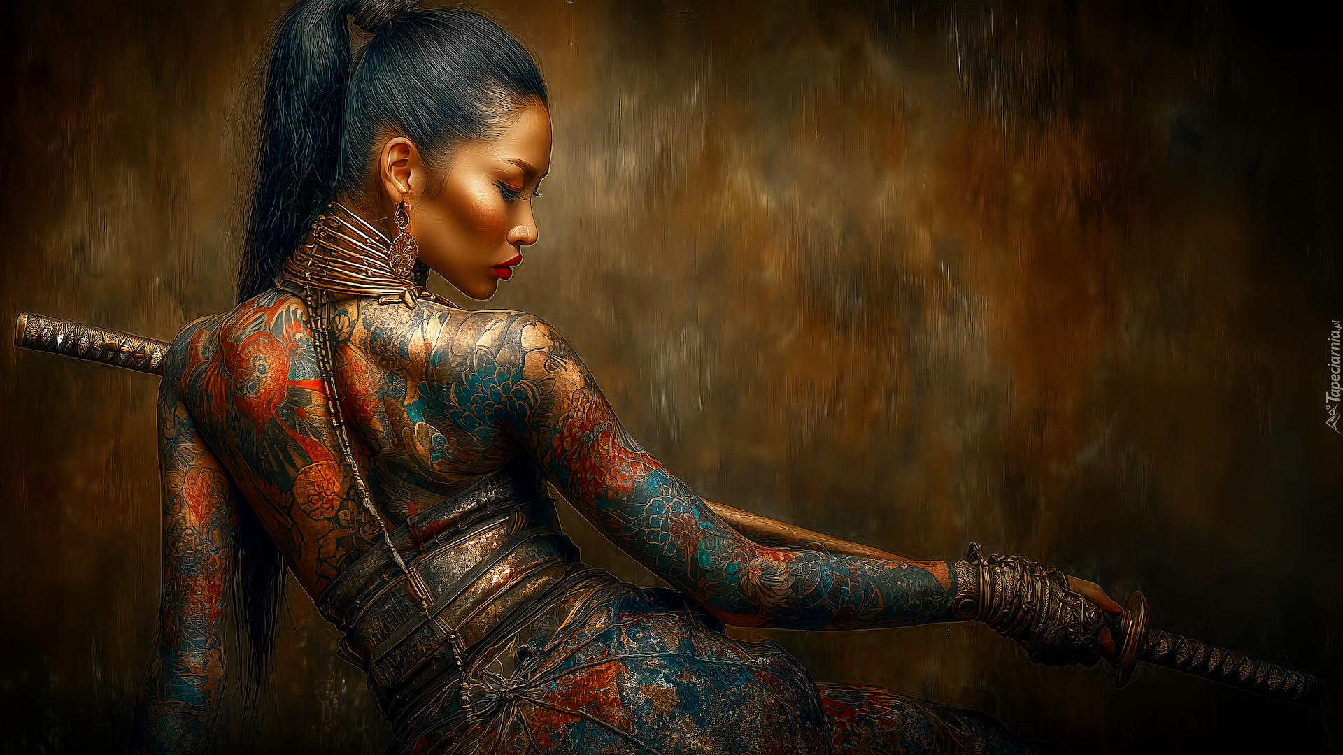 Kobieta, Tatuaże, Kolczyk, Włócznia, Grafika