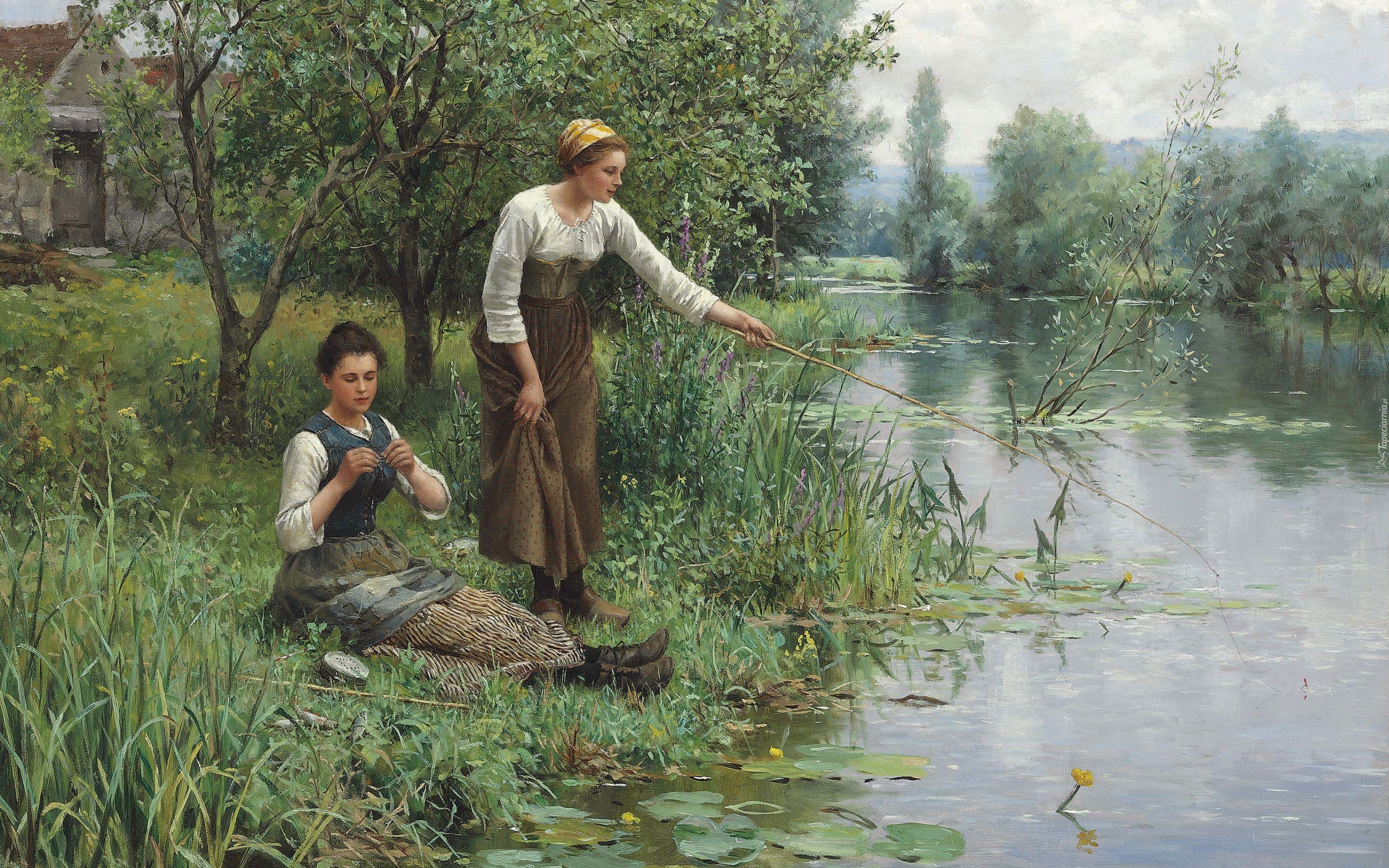 Kobiety, Rzeka, Szuwary, Łowienie, Wędka, Malarstwo, Obraz, Daniel Ridgway Knight