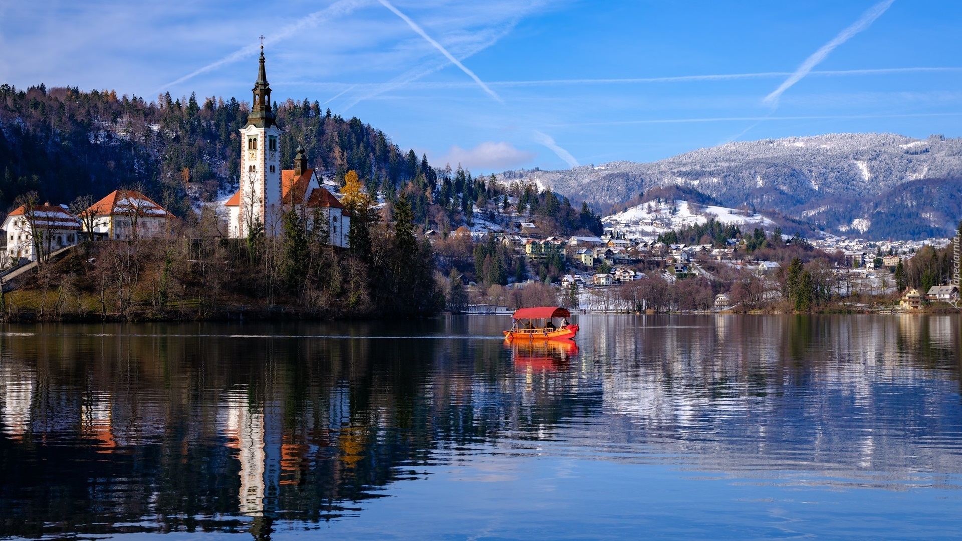 Góry, Alpy Julijskie, Kościół Zwiastowania Marii Panny, Łódka, Jezioro, Lake Bled, Słowenia