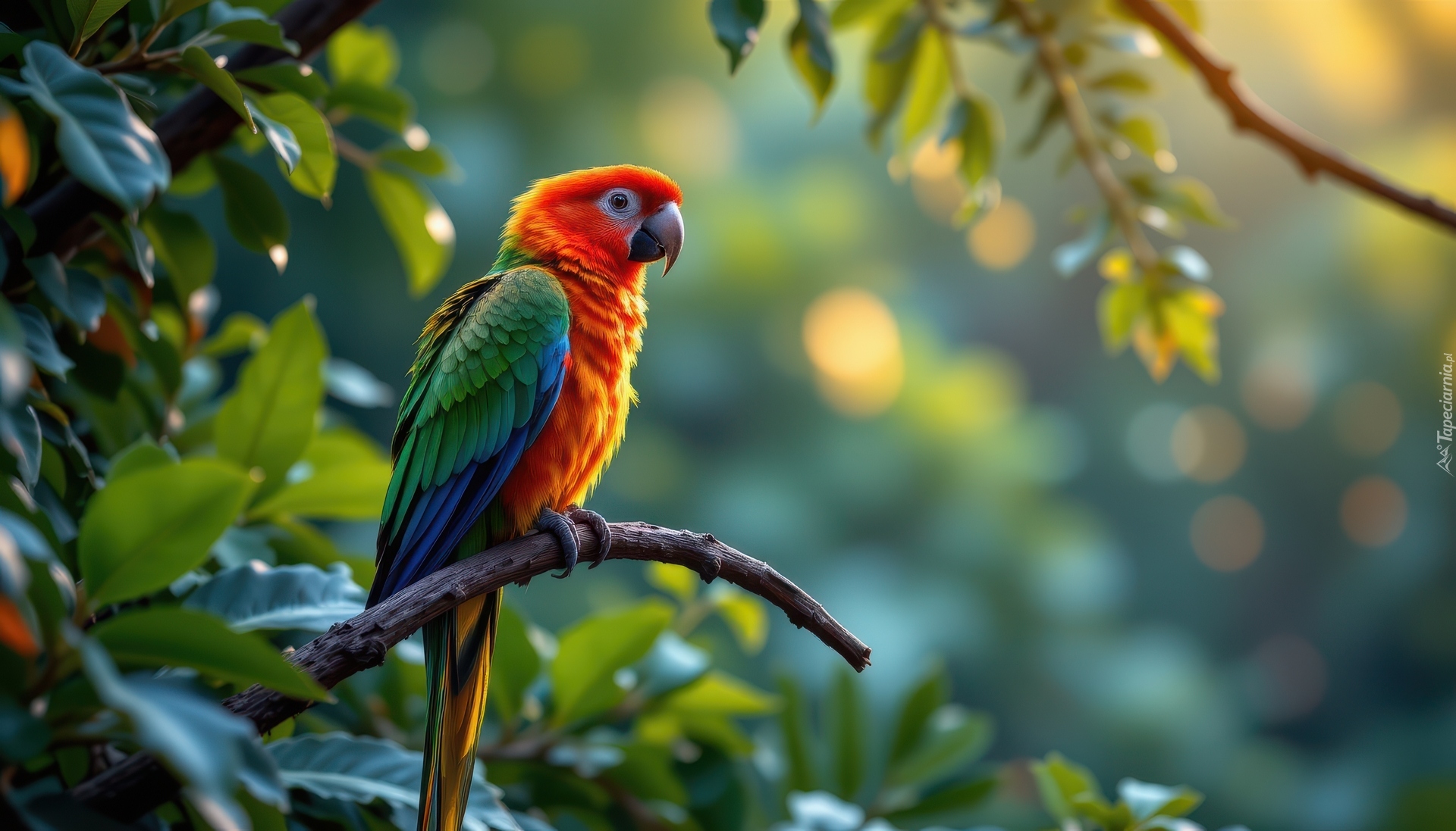 Ptak, Kolorowa, Papuga, Gałązka, Liście, Grafika AI