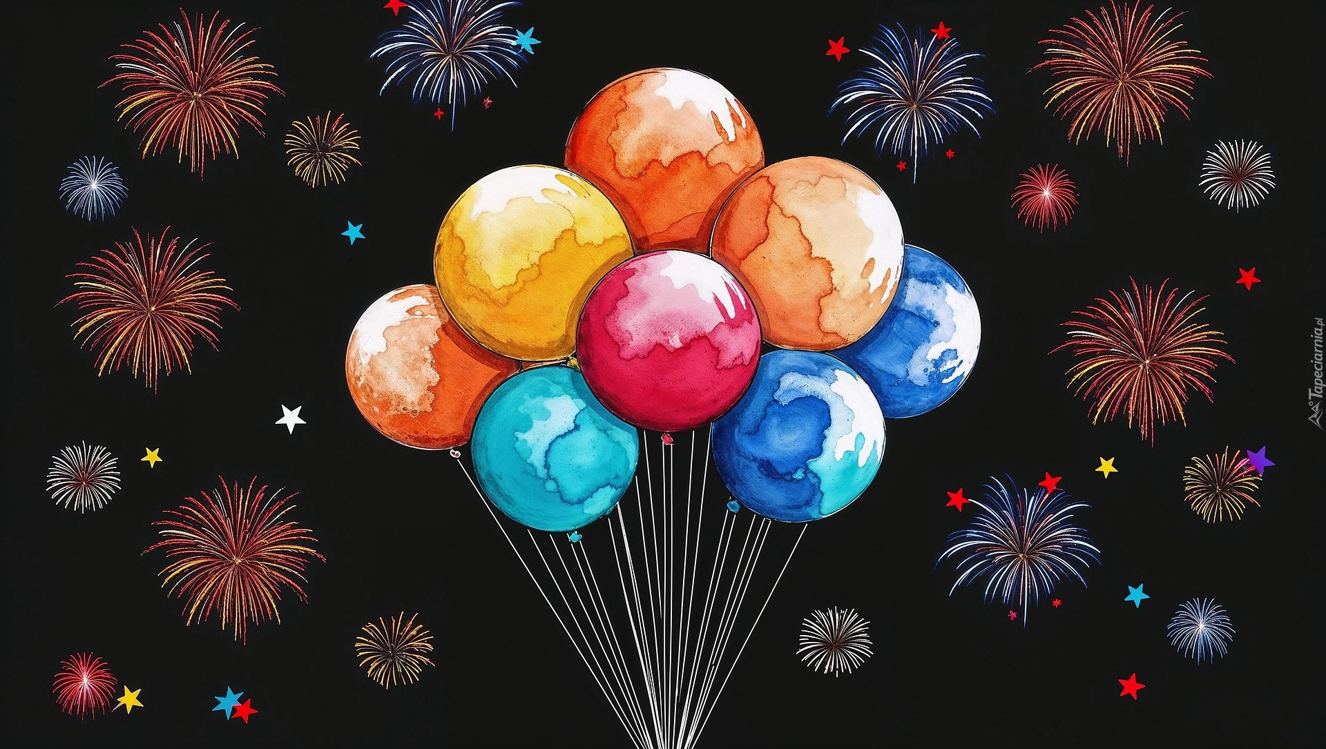 Fajerwerki, Kolorowe, Balony, Grafika