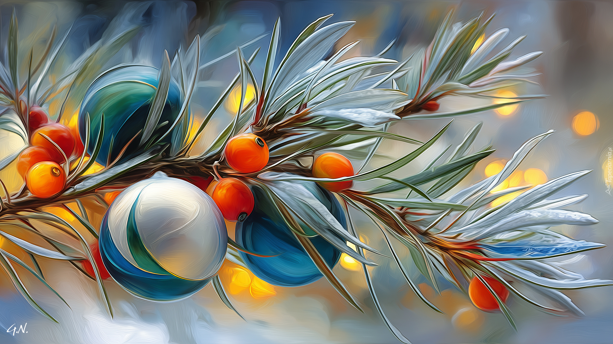 Bombki, Gałązka, Owoce, Grafika AI, Boże Narodzenie