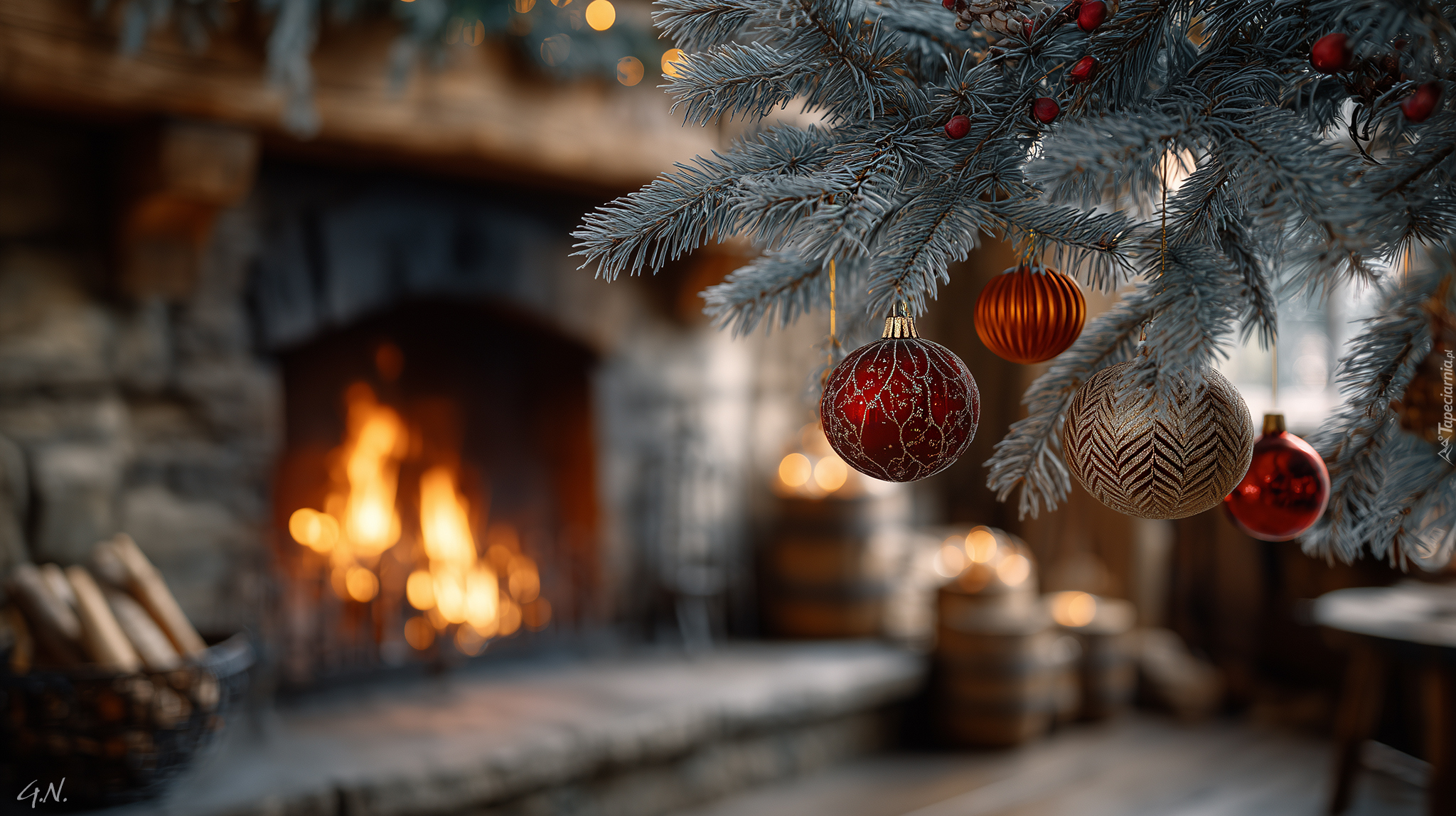 Boże Narodzenie, Choinka, Bombki, Kominek, Grafika AI