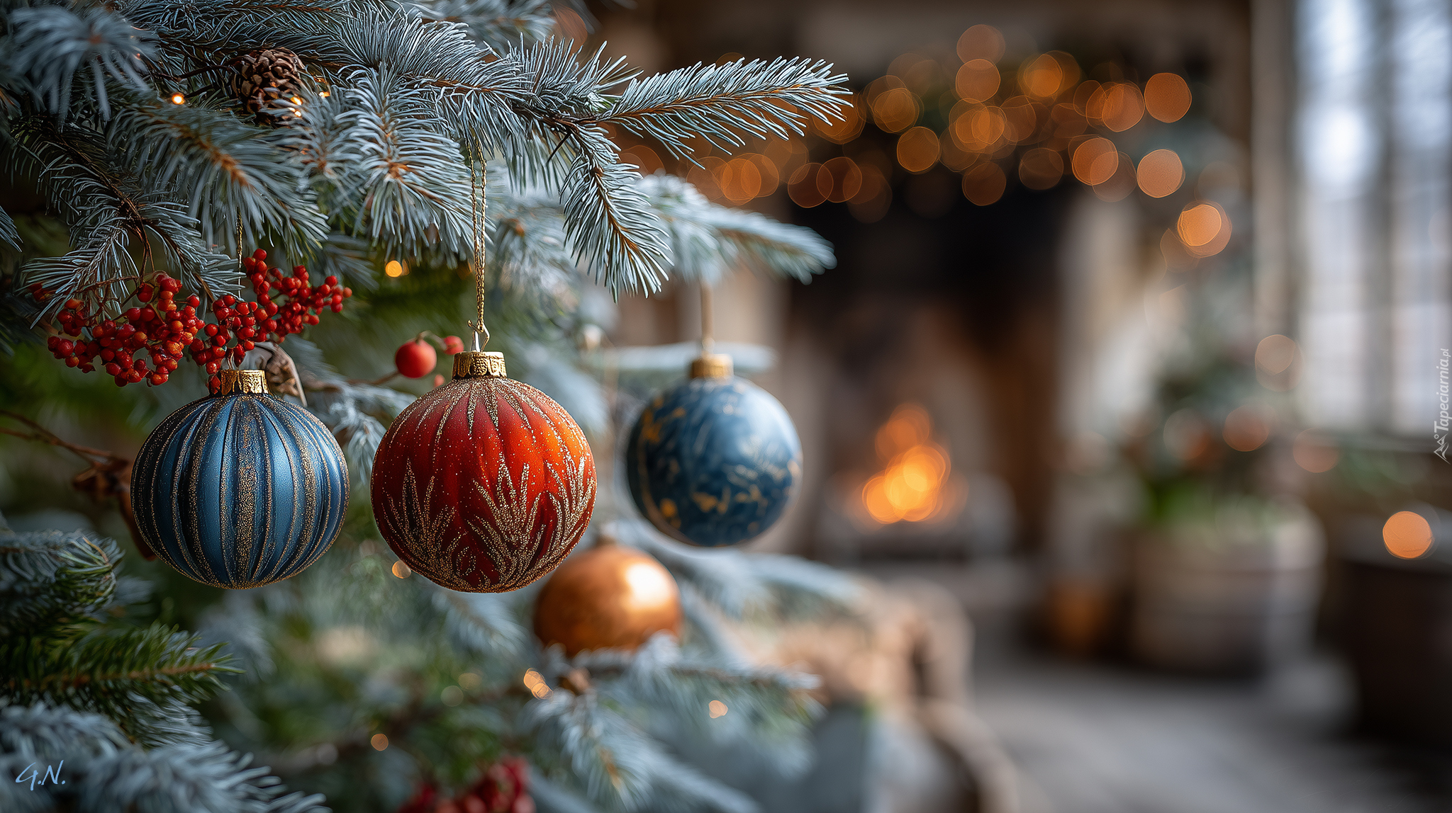 Boże Narodzenie, Bombki, Świerk, Grafika AI