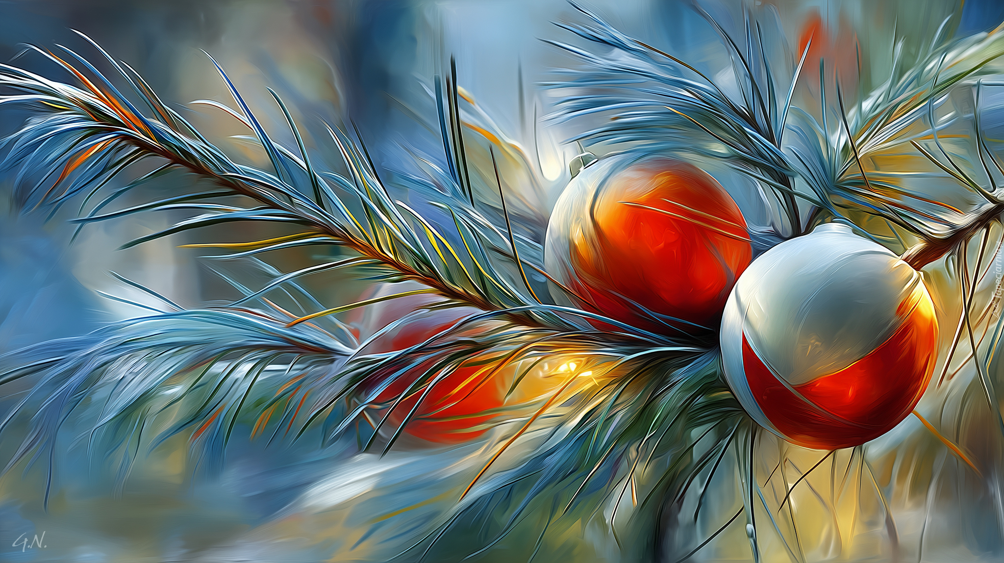 Boże Narodzenie, Bombki, Gałązki, Grafika AI