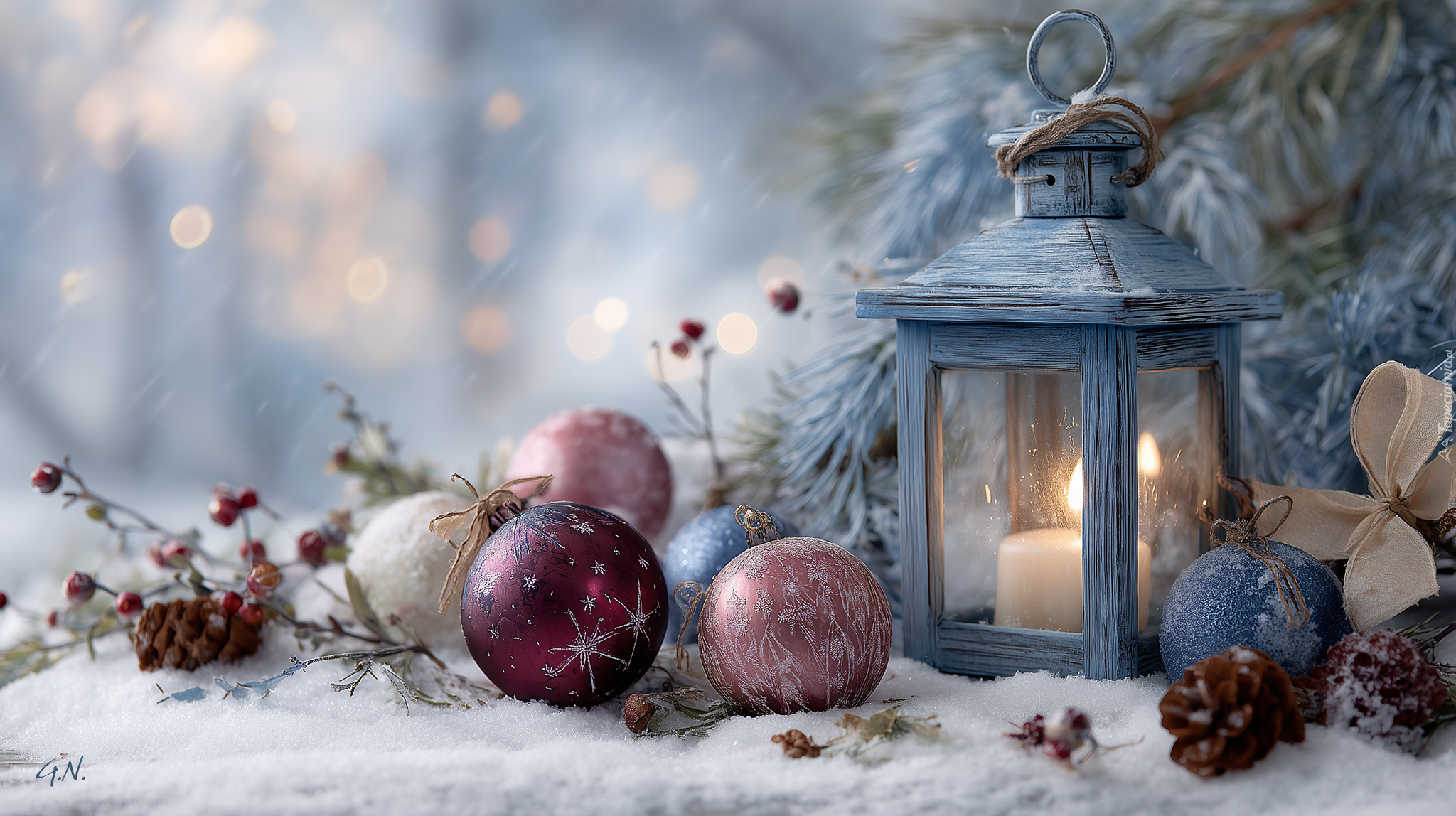 Boże Narodzenie, Bombki, Lampion, Świeca, Śnieg