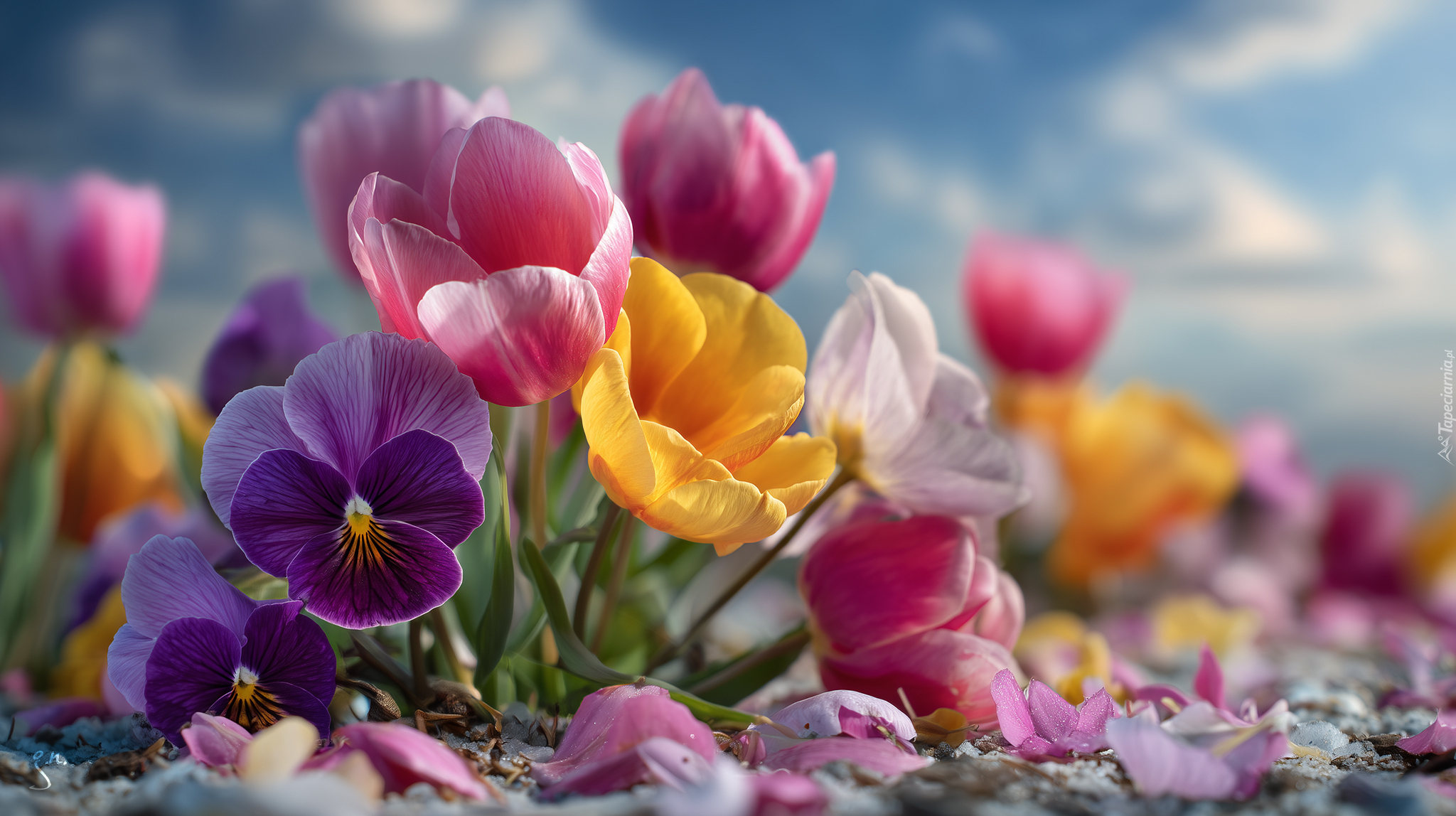 Kolorowe, Kwiaty, Tulipany, Bratki, Grafika AI