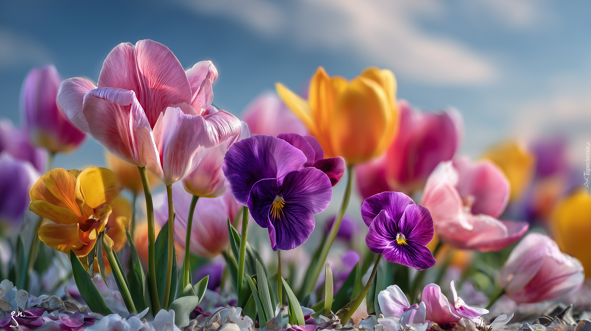 Tulipany, Bratki, Kwiaty, Grafika AI