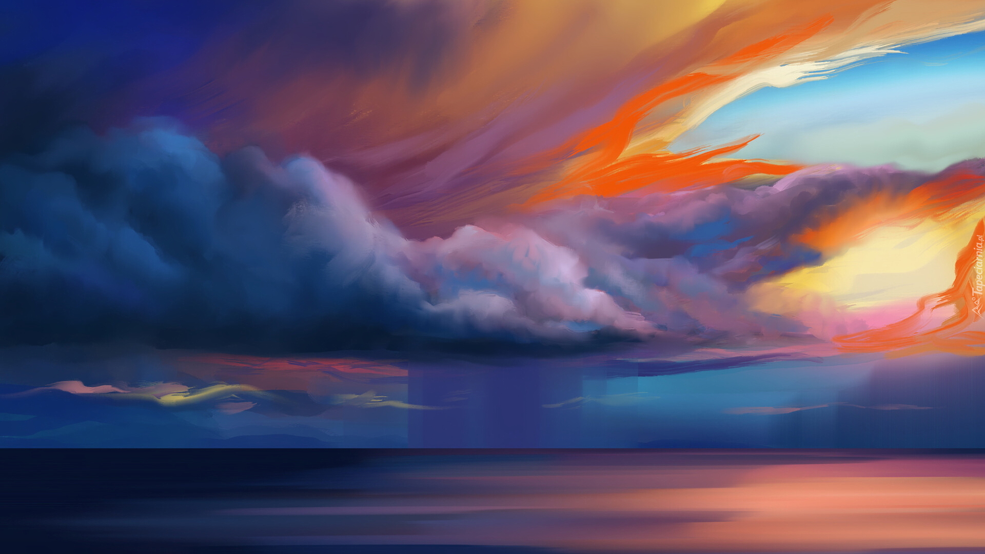 Morze, Kolorowe, Chmury, Zachód słońca, Grafika