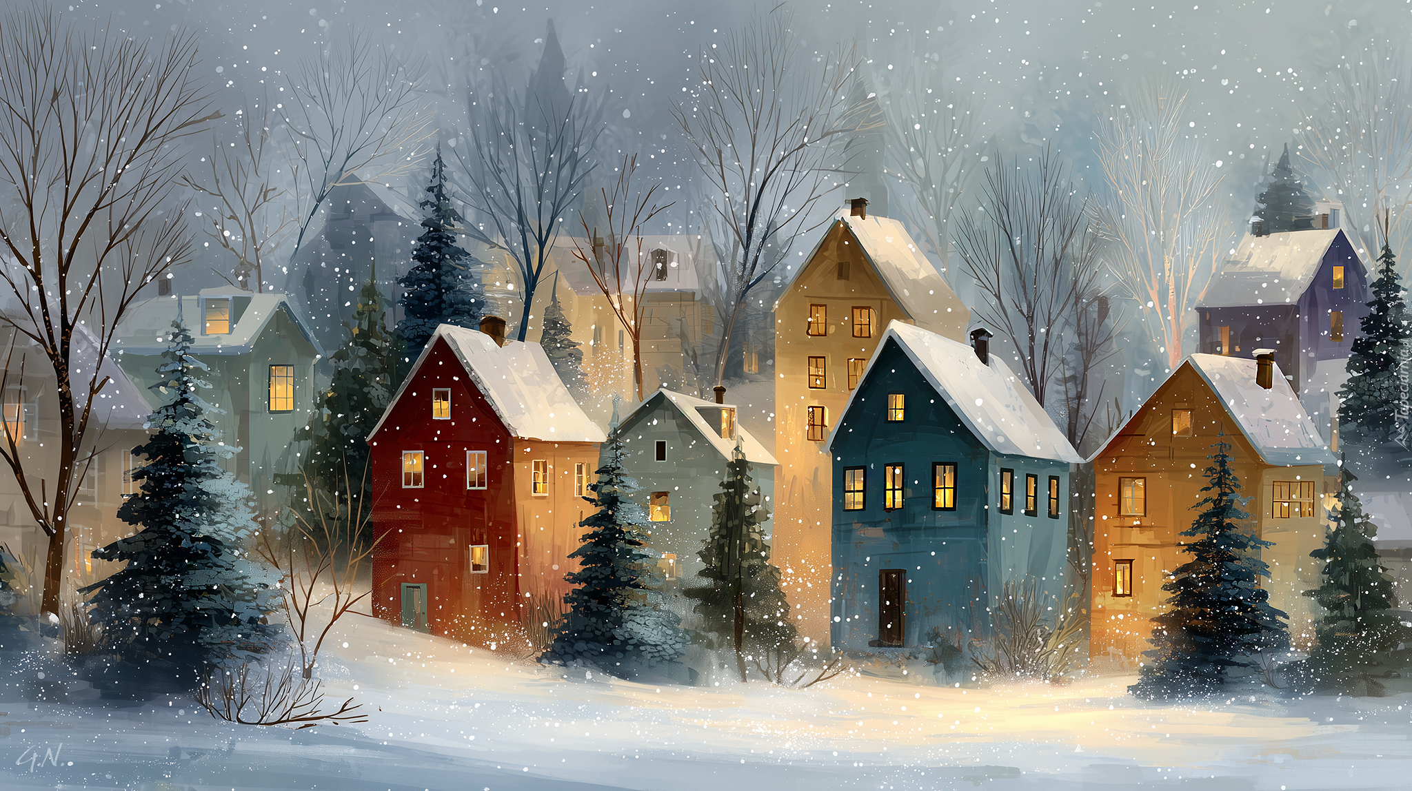 Kolorowe, Domki, Choinki, Zima, Śnieg, Grafika AI