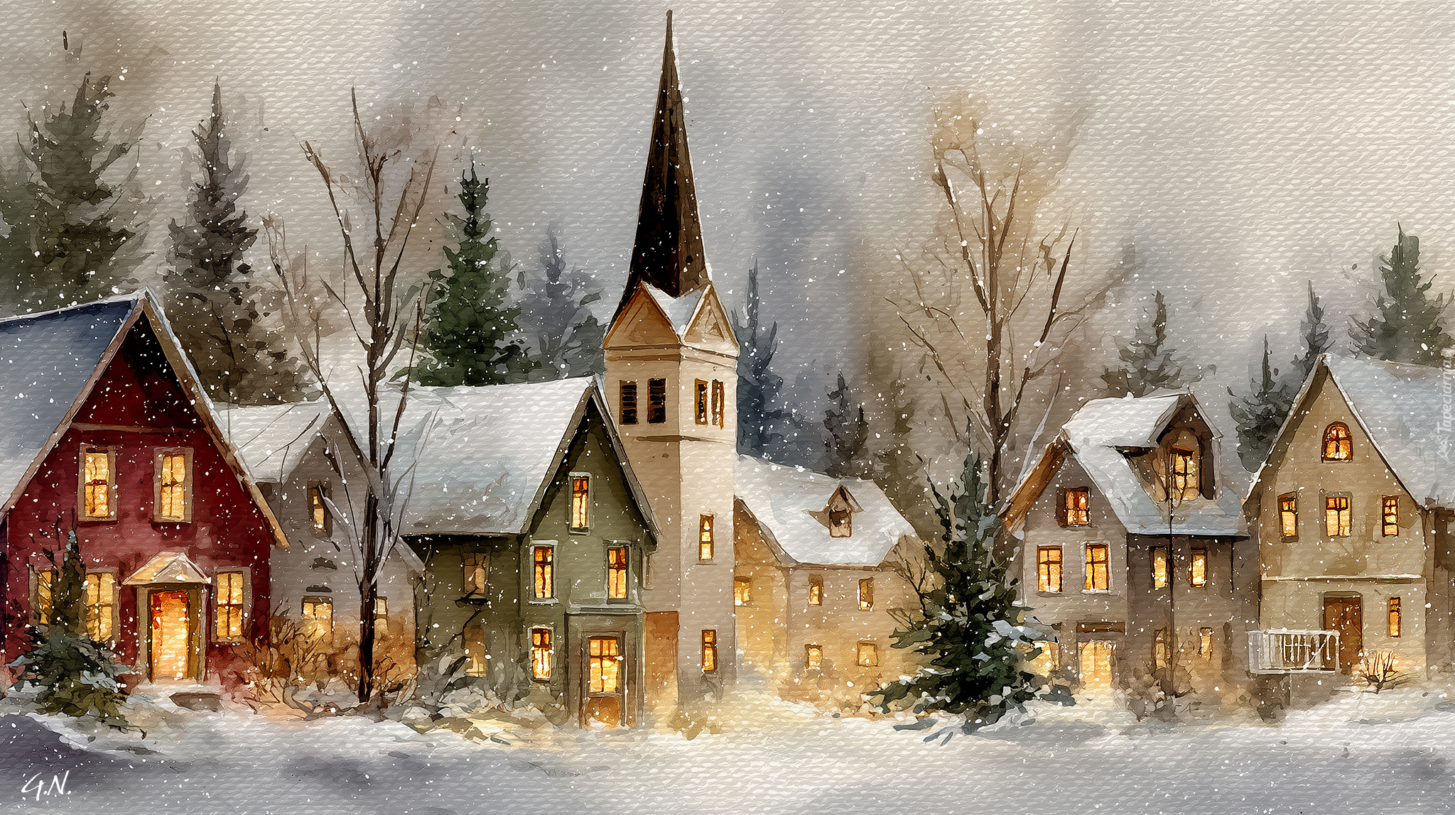 Domy, Drzewa, Zima, Grafika AI